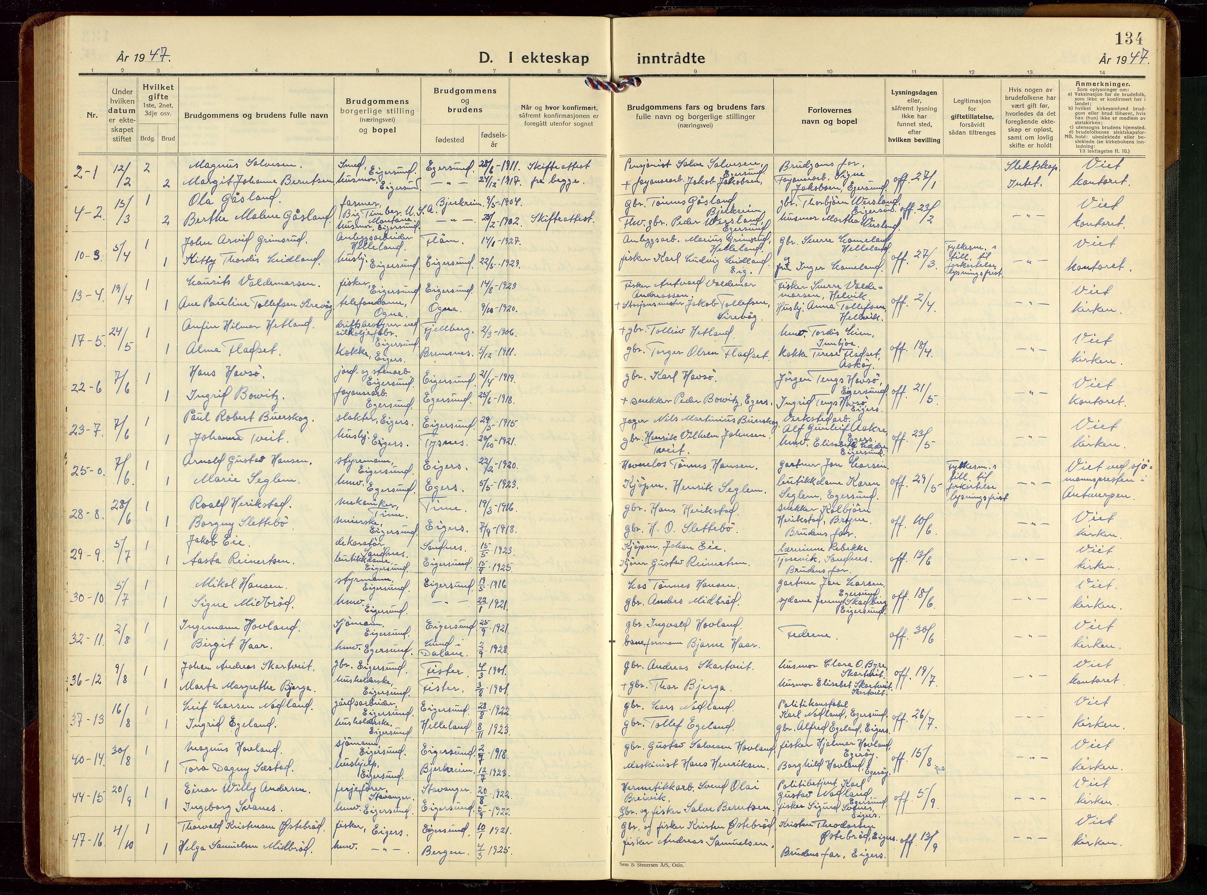 Eigersund sokneprestkontor, AV/SAST-A-101807/S09/L0013: Parish register (copy) no. B 13, 1931-1949, p. 134