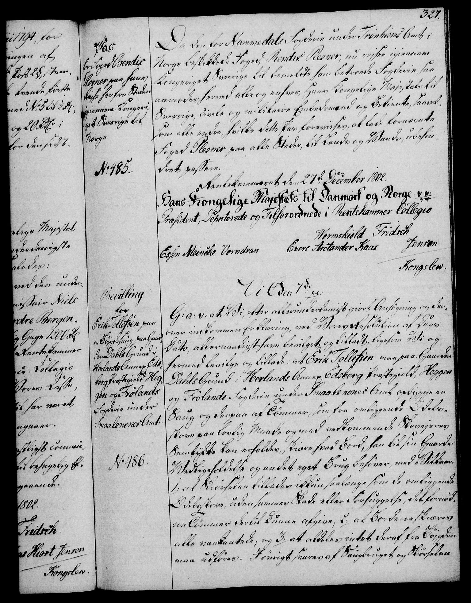 Rentekammeret, Kammerkanselliet, RA/EA-3111/G/Gg/Gga/L0017: Norsk ekspedisjonsprotokoll med register (merket RK 53.17), 1801-1803, p. 327