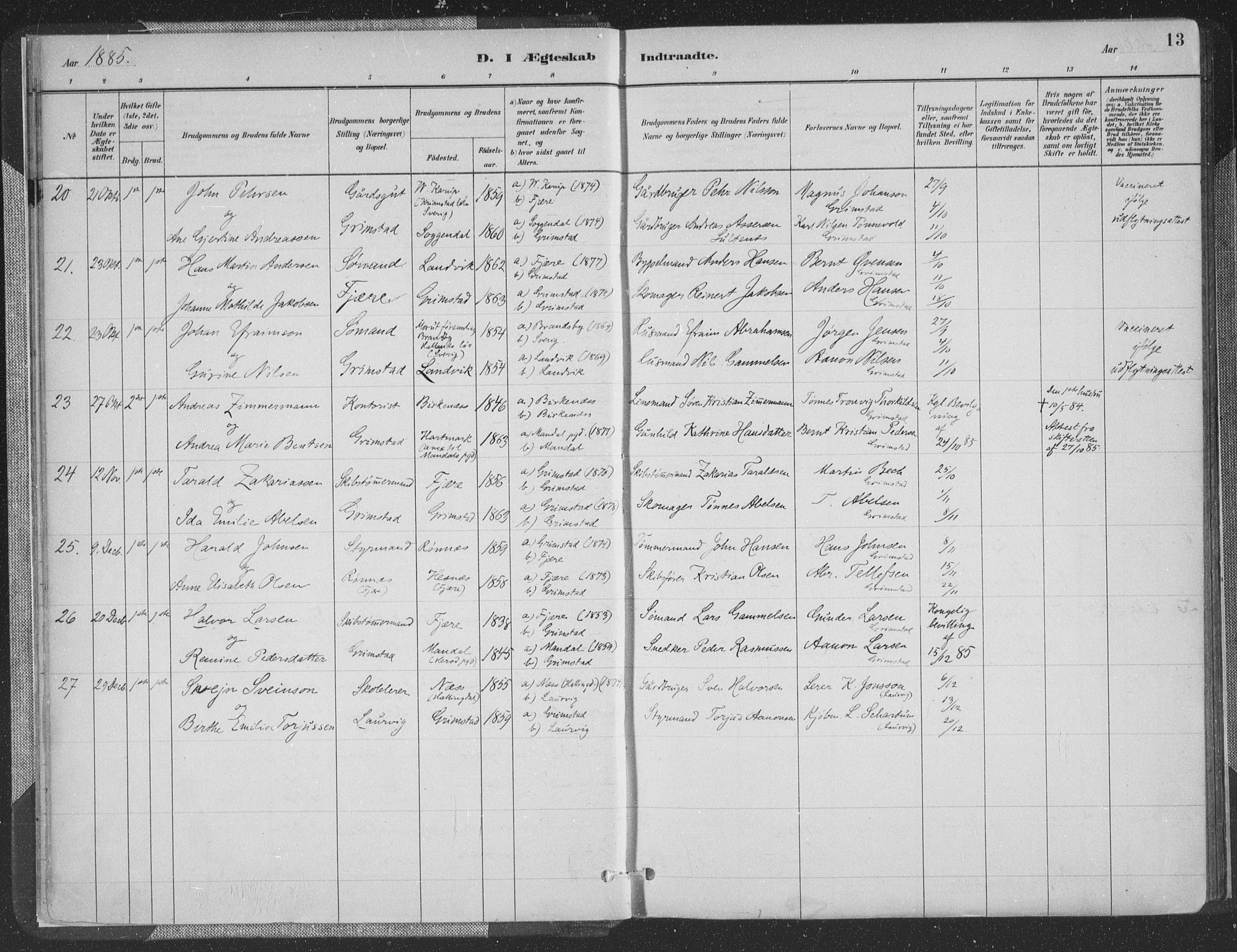 Grimstad sokneprestkontor, AV/SAK-1111-0017/F/Fa/L0004: Parish register (official) no. A 3, 1882-1910, p. 13