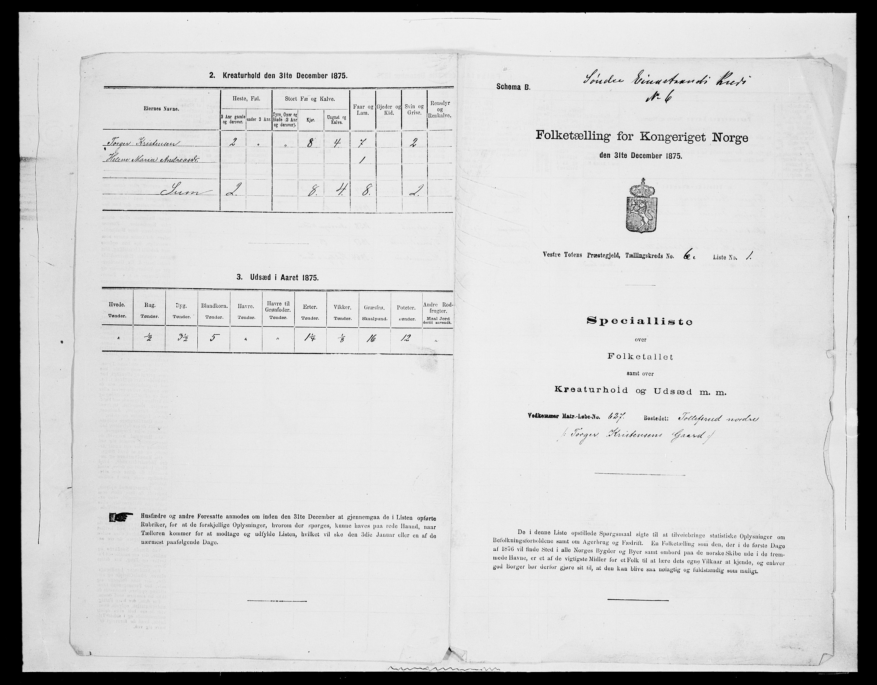 SAH, 1875 census for 0529P Vestre Toten, 1875, p. 1151