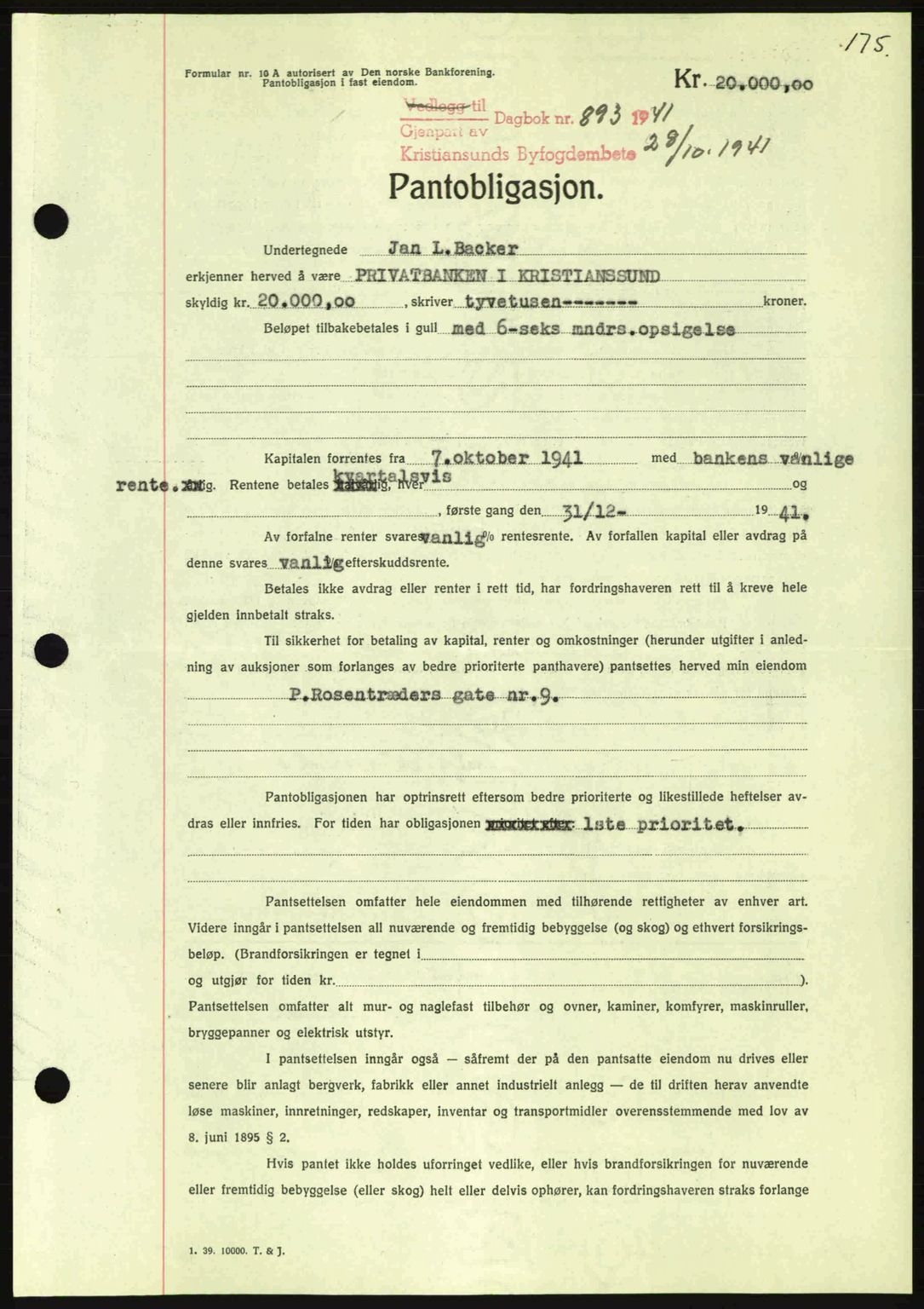 Kristiansund byfogd, AV/SAT-A-4587/A/27: Mortgage book no. 35, 1941-1942, Diary no: : 893/1941