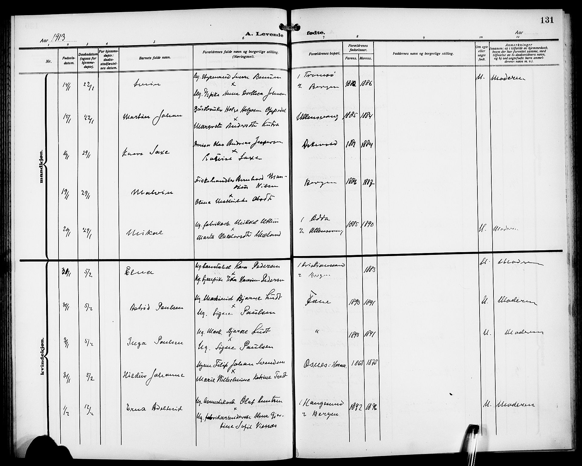 Fødselsstiftelsens sokneprestembete*, SAB/-: Parish register (copy) no. A 2, 1909-1916, p. 131