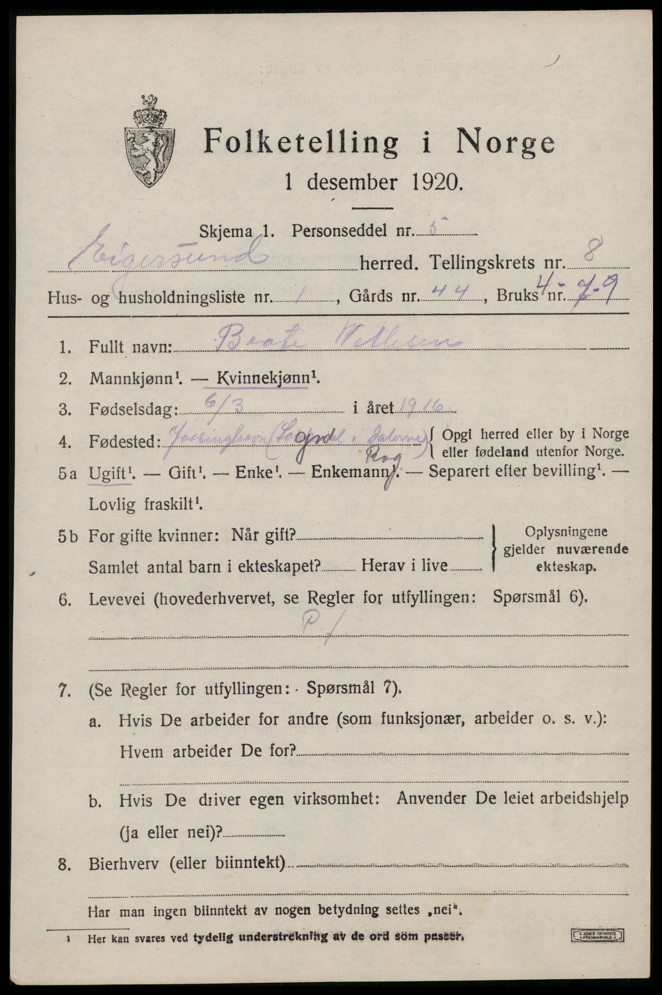 SAST, 1920 census for Eigersund, 1920, p. 5059