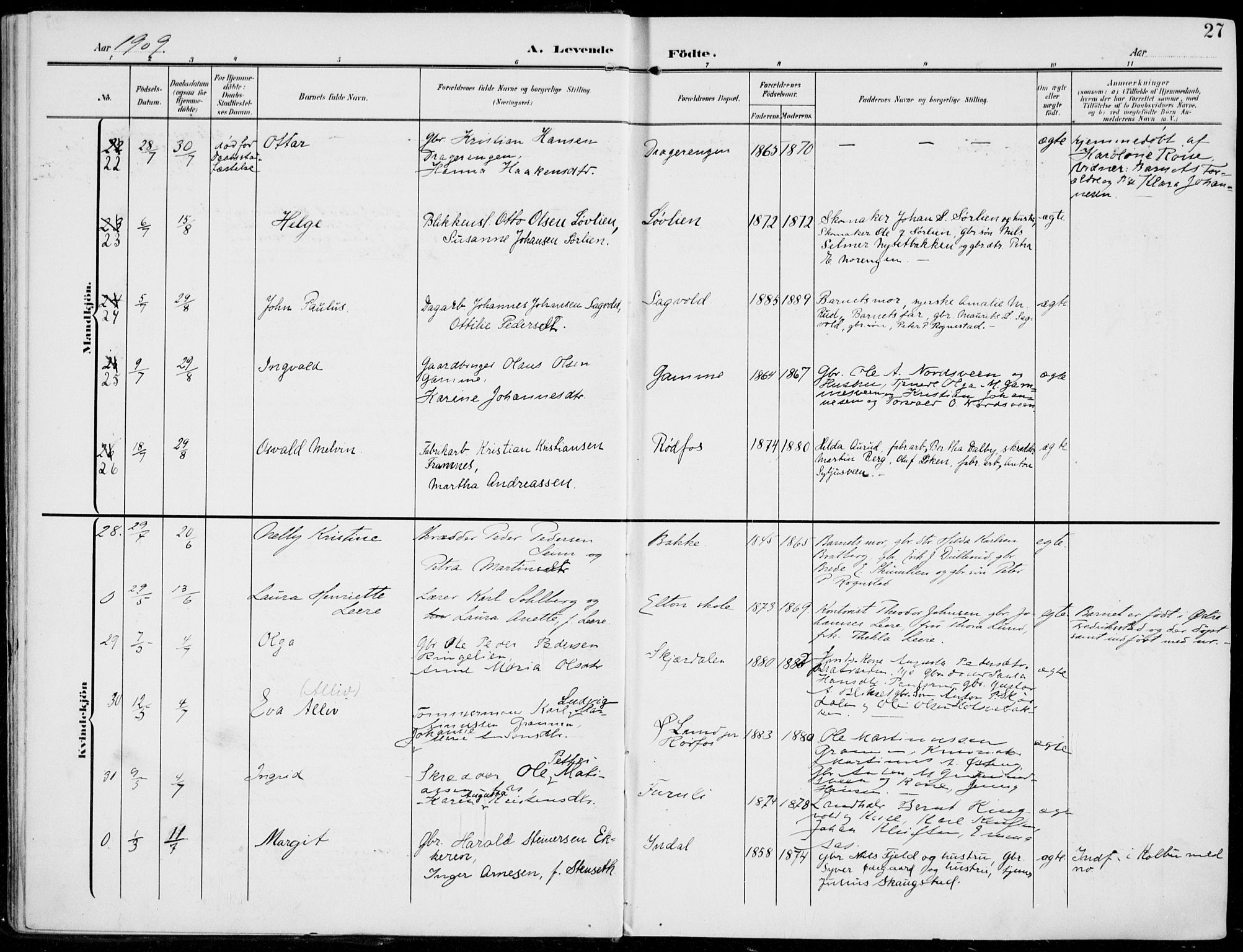 Vestre Toten prestekontor, AV/SAH-PREST-108/H/Ha/Haa/L0014: Parish register (official) no. 14, 1907-1920, p. 27