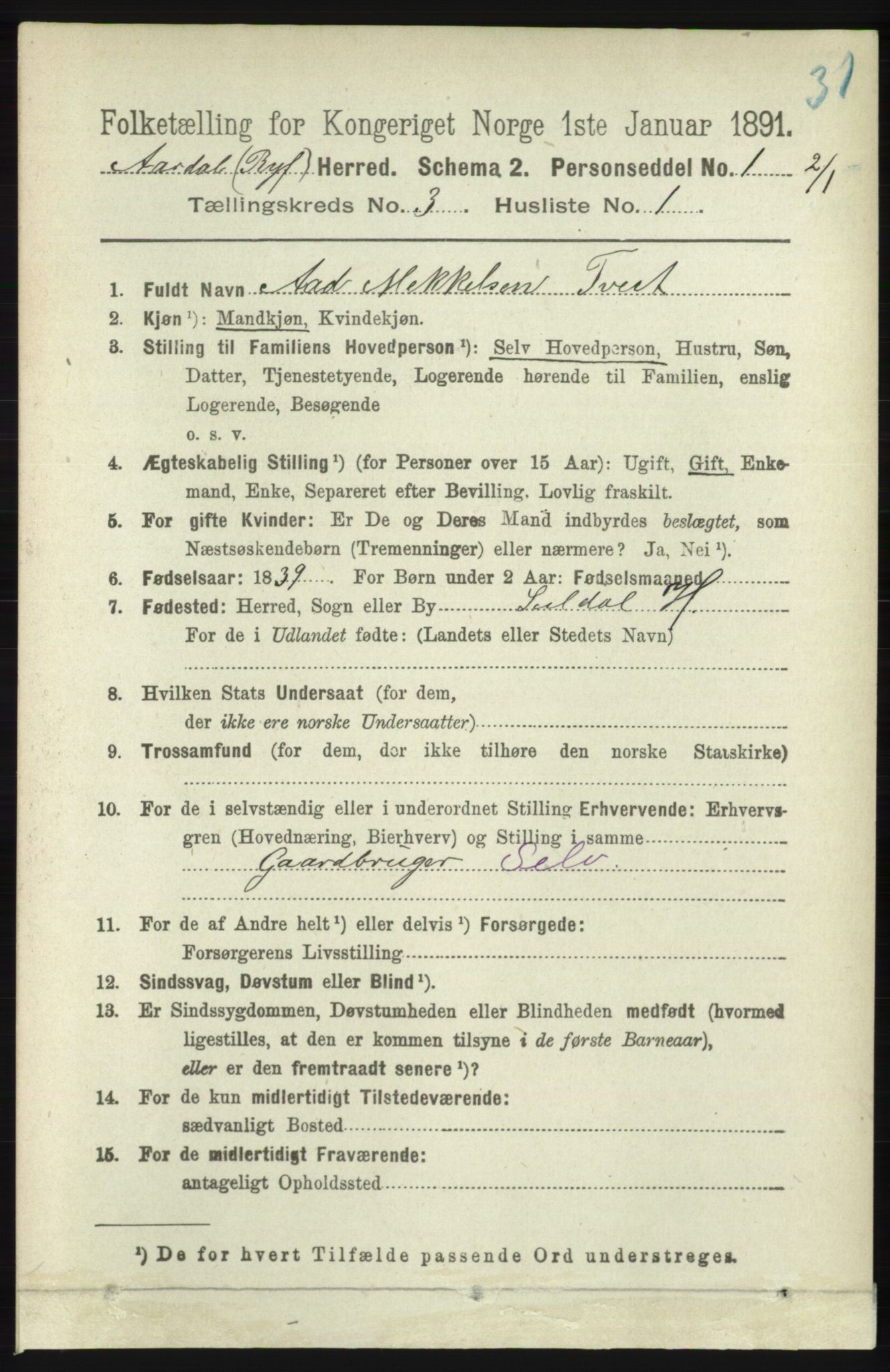 RA, 1891 census for 1131 Årdal, 1891, p. 824