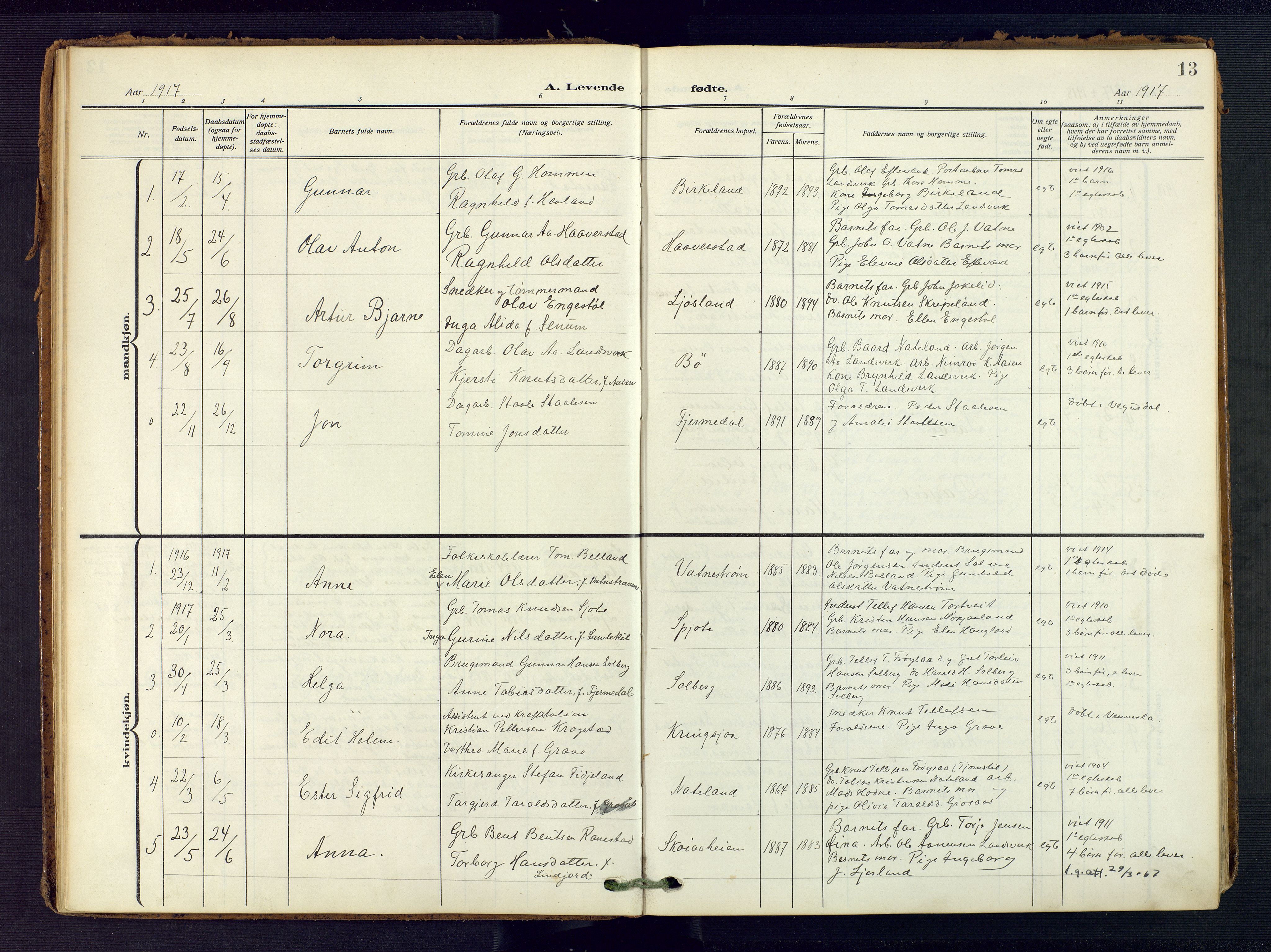 Evje sokneprestkontor, AV/SAK-1111-0008/F/Fa/Fac/L0004: Parish register (official) no. A 4, 1910-1932, p. 13