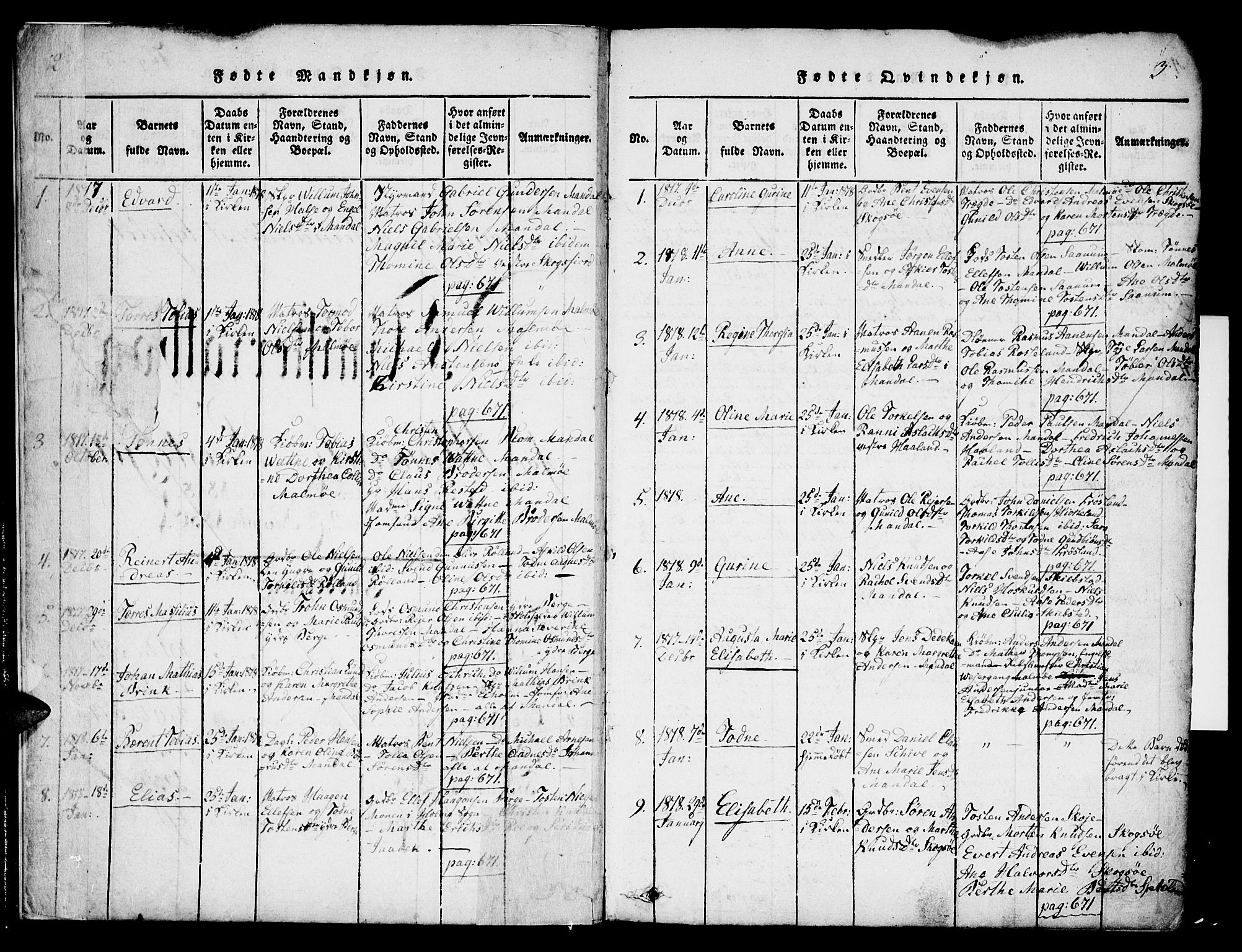 Mandal sokneprestkontor, SAK/1111-0030/F/Fa/Faa/L0010: Parish register (official) no. A 10, 1817-1830, p. 2-3