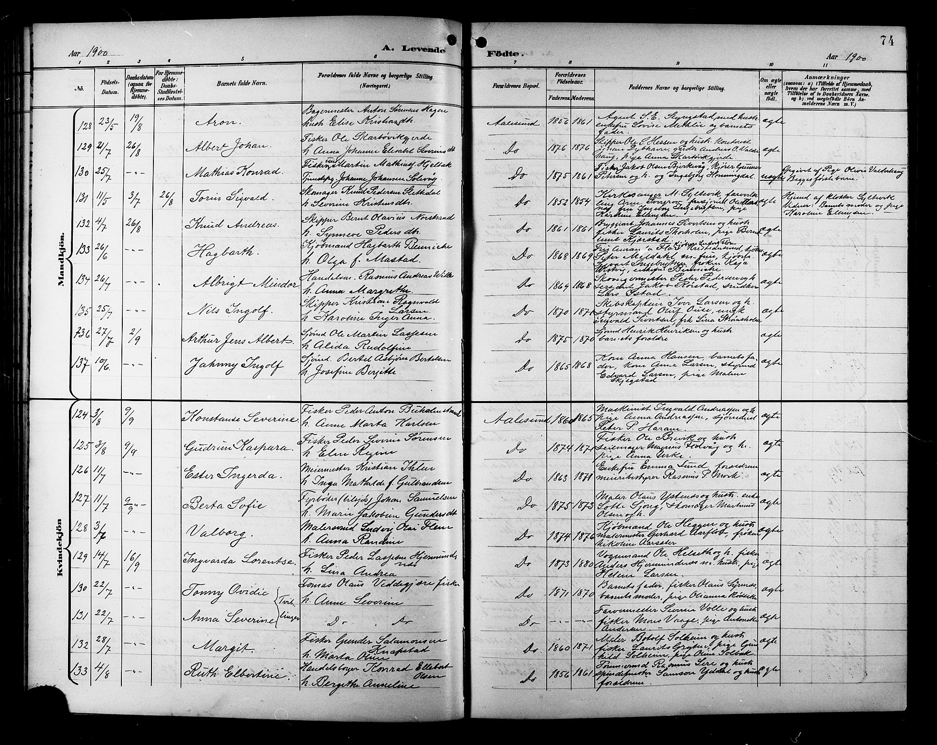 Ministerialprotokoller, klokkerbøker og fødselsregistre - Møre og Romsdal, AV/SAT-A-1454/529/L0468: Parish register (copy) no. 529C05, 1897-1908, p. 74