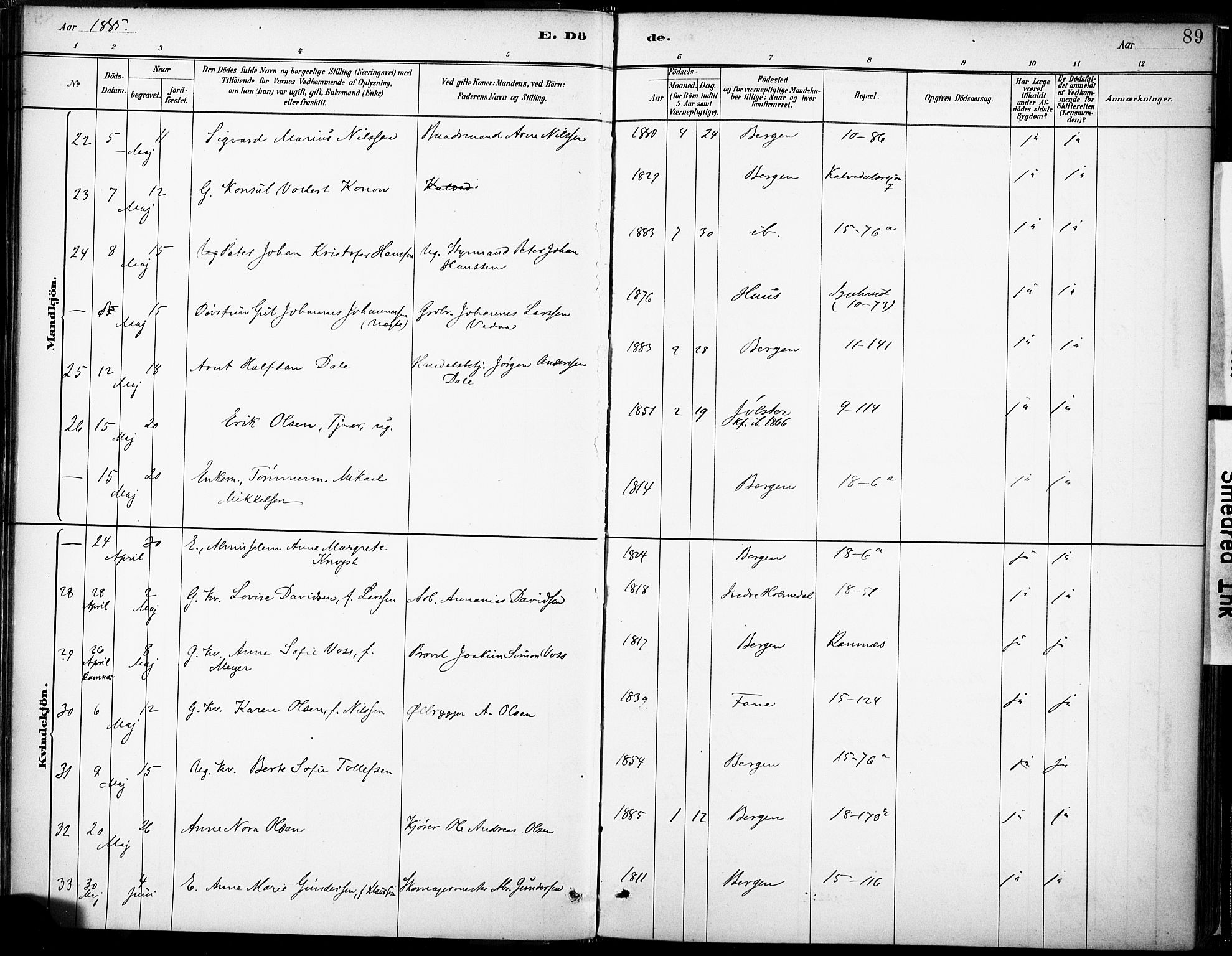 Domkirken sokneprestembete, AV/SAB-A-74801/H/Haa/L0043: Parish register (official) no. E 5, 1882-1904, p. 89