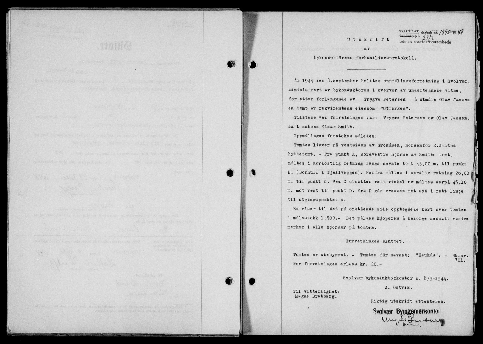 Lofoten sorenskriveri, SAT/A-0017/1/2/2C/L0018a: Mortgage book no. 18a, 1948-1948, Diary no: : 1595/1948