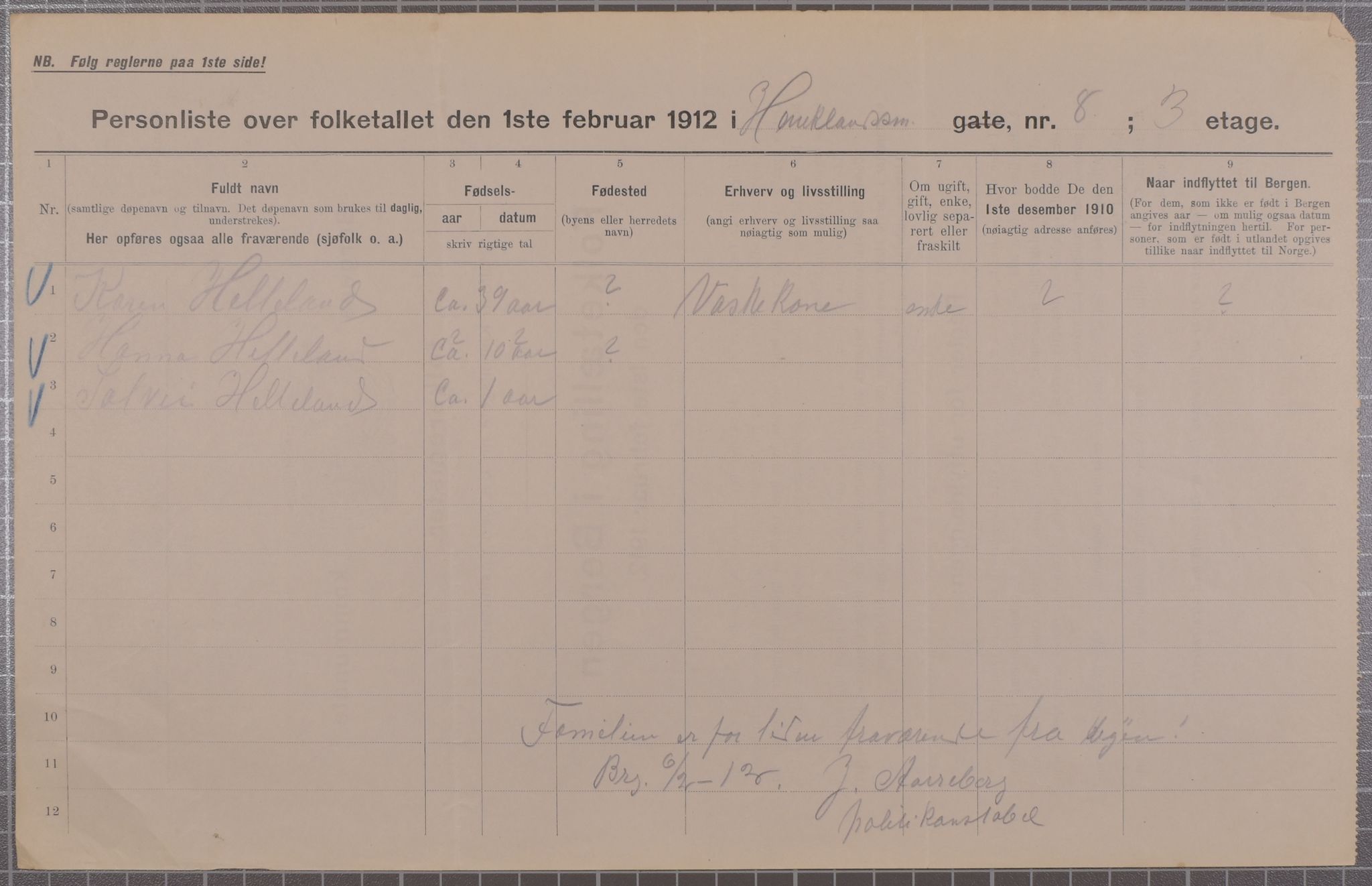 SAB, Municipal Census 1912 for Bergen, 1912, p. 1848