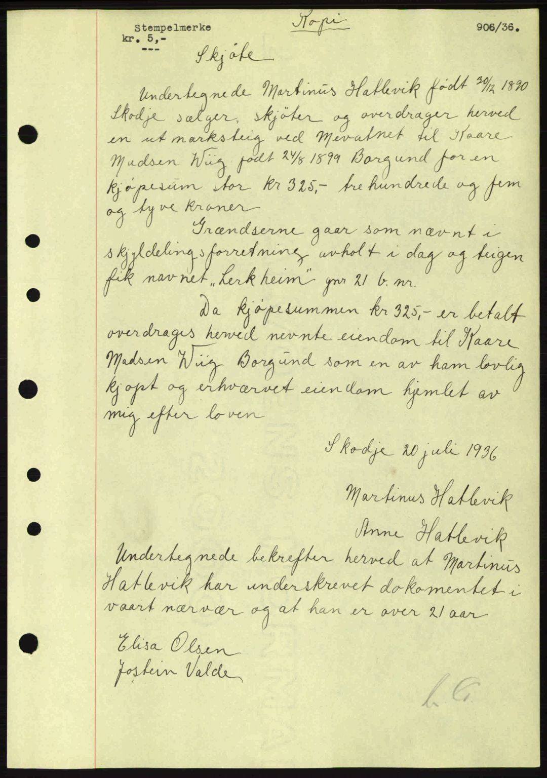 Nordre Sunnmøre sorenskriveri, AV/SAT-A-0006/1/2/2C/2Ca: Mortgage book no. A1, 1936-1936, Diary no: : 906/1936