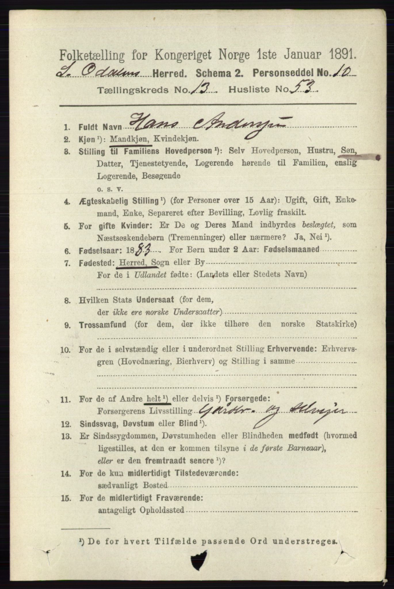 RA, 1891 census for 0419 Sør-Odal, 1891, p. 5913