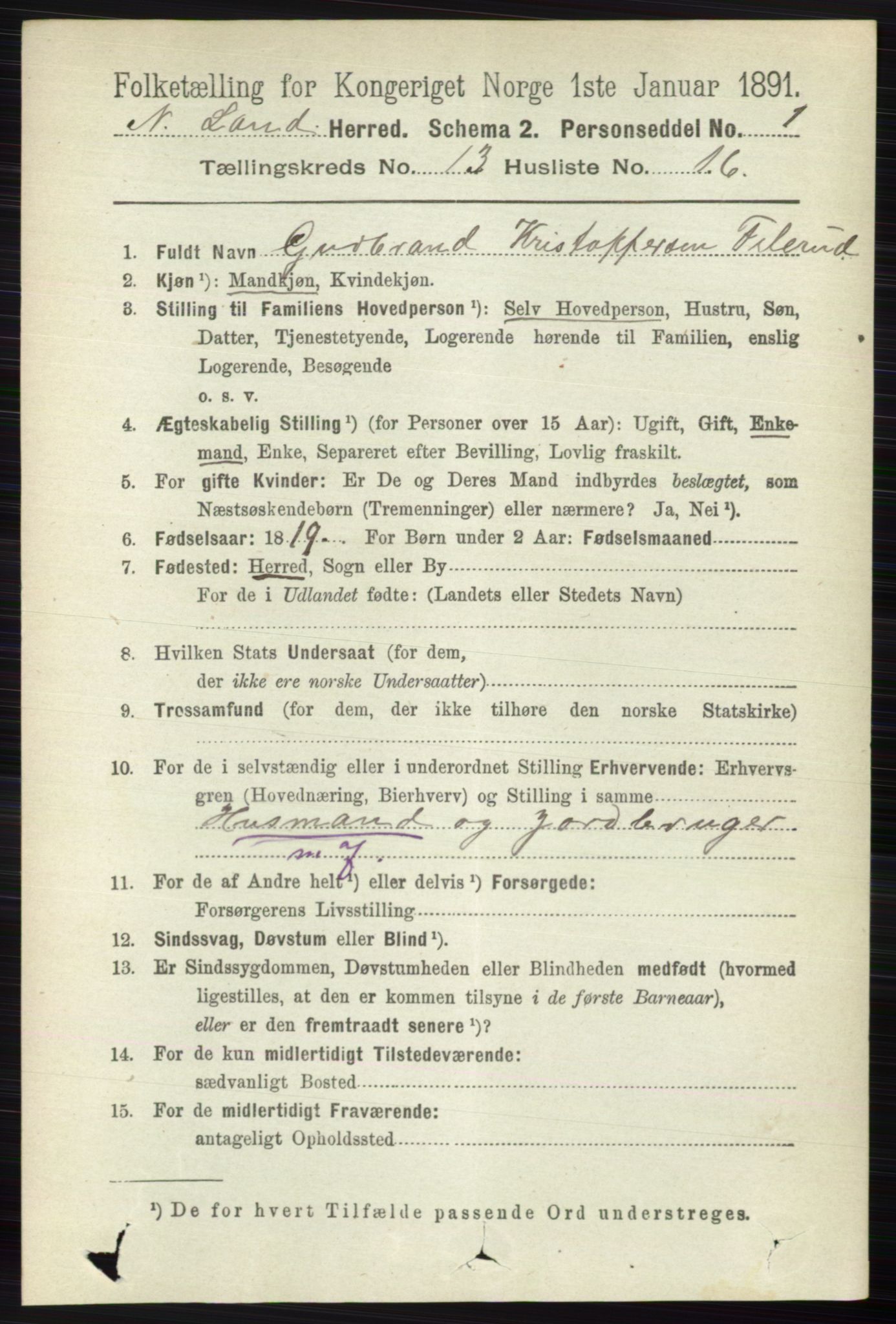 RA, 1891 census for 0538 Nordre Land, 1891, p. 3598