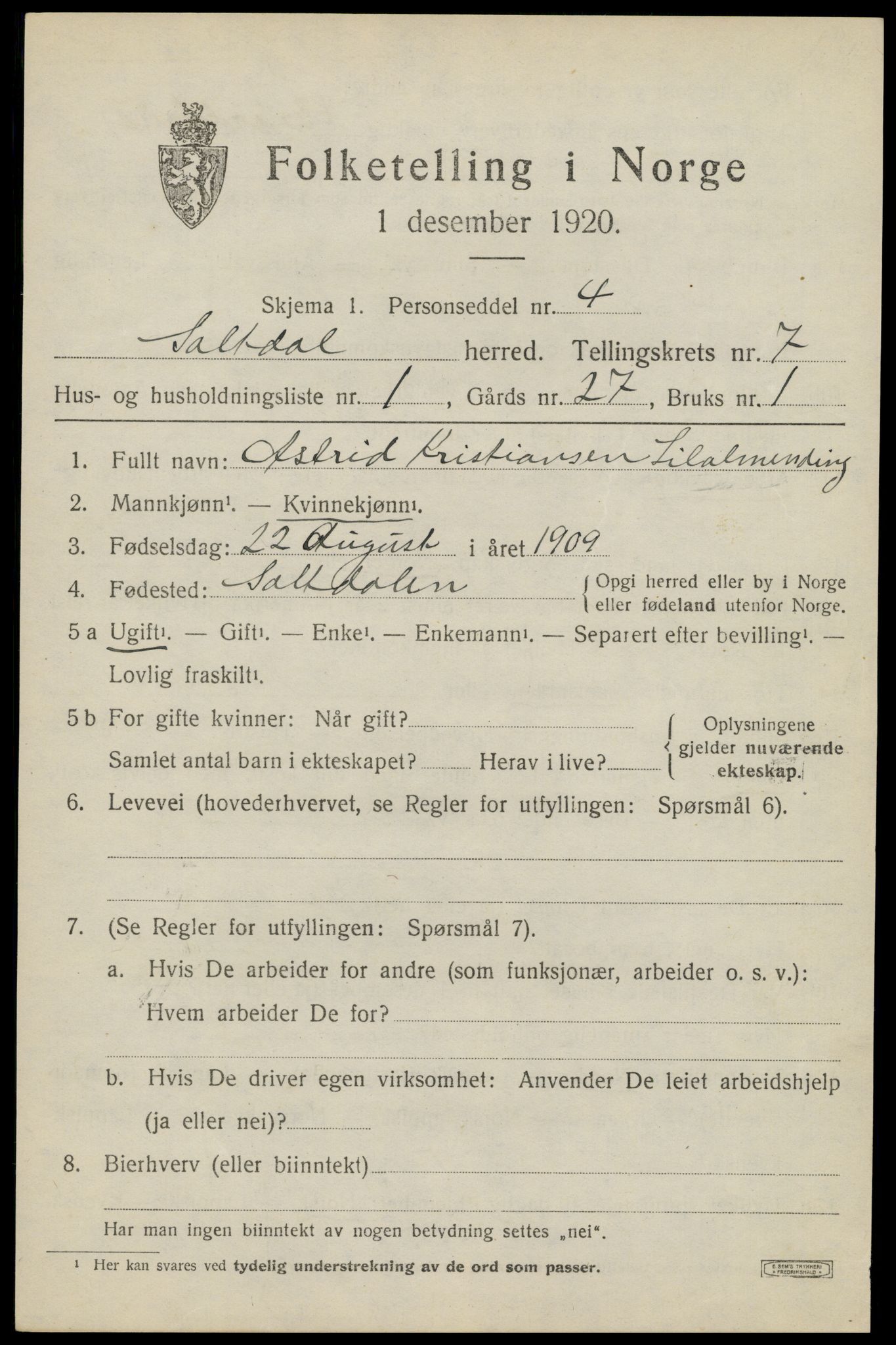 SAT, 1920 census for Saltdal, 1920, p. 7809