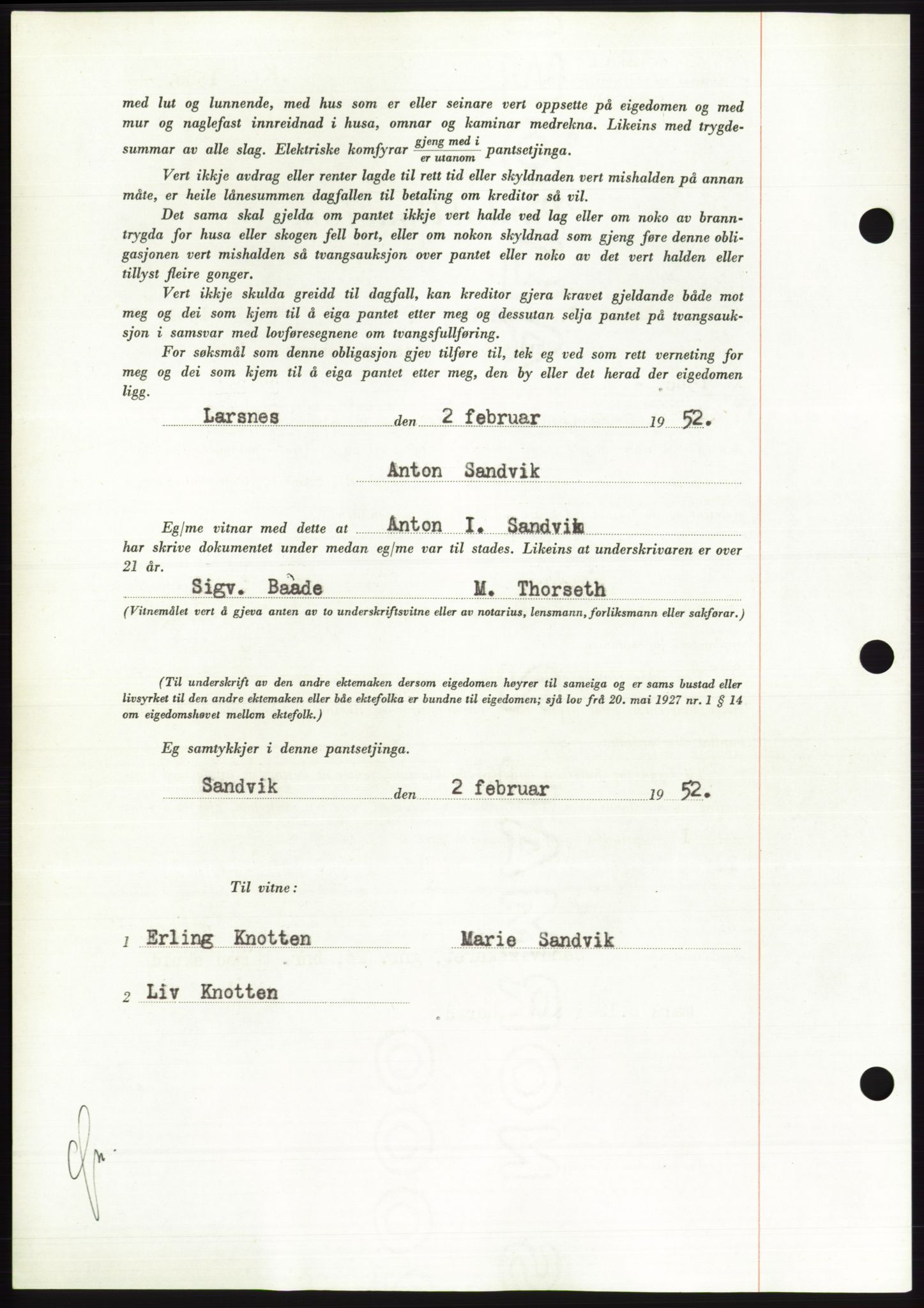 Søre Sunnmøre sorenskriveri, AV/SAT-A-4122/1/2/2C/L0121: Mortgage book no. 9B, 1951-1952, Diary no: : 264/1952