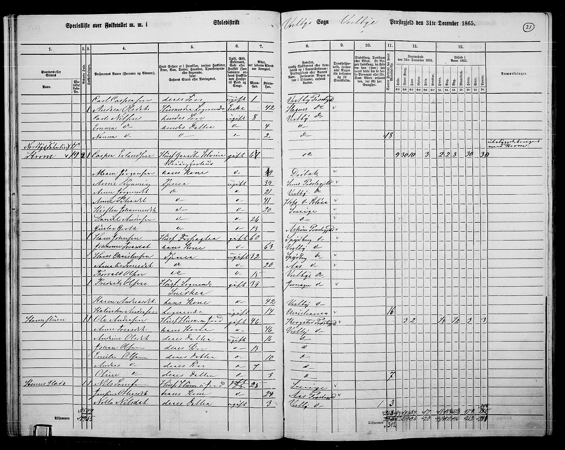 RA, 1865 census for Vestby, 1865, p. 20