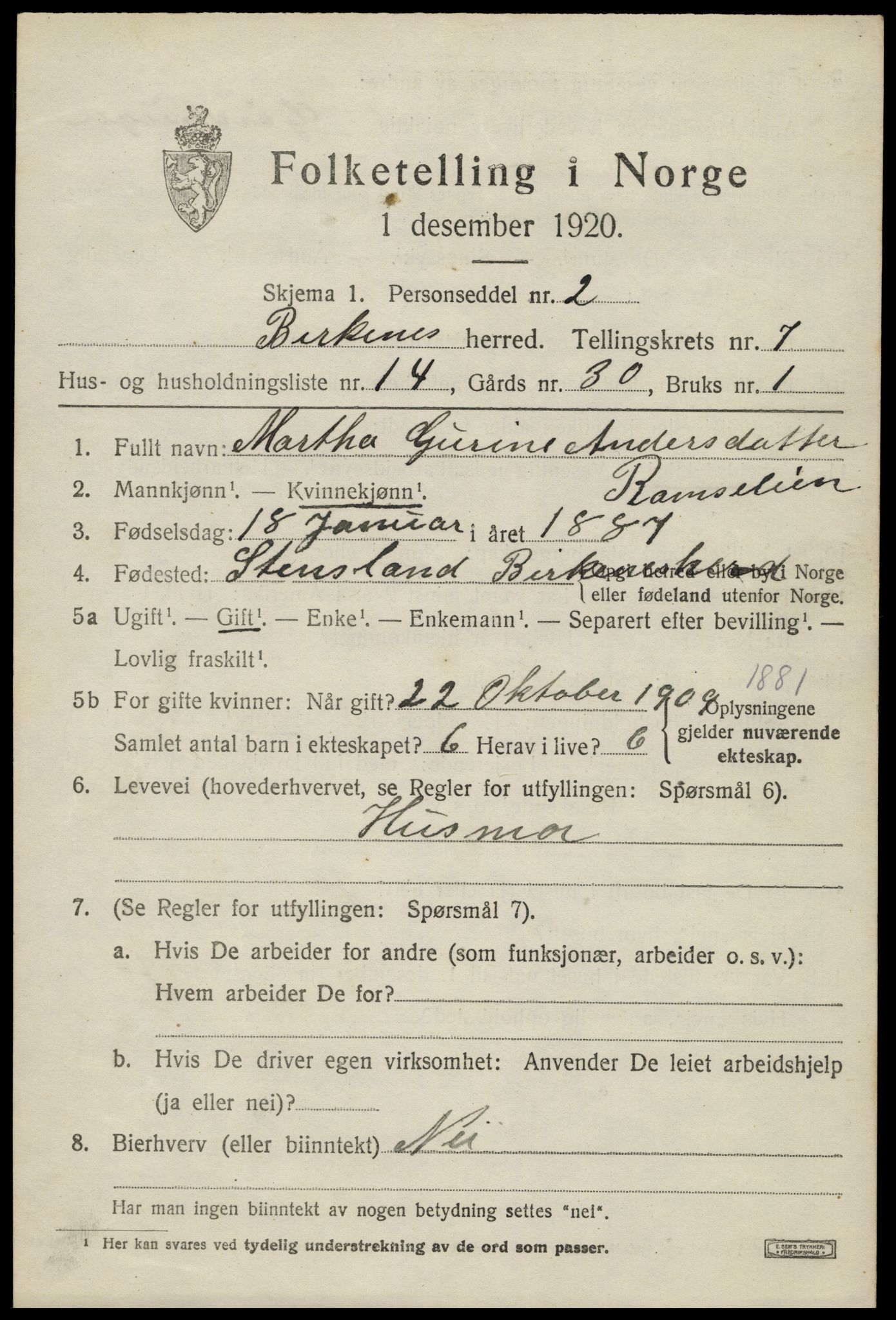 SAK, 1920 census for Birkenes, 1920, p. 4109