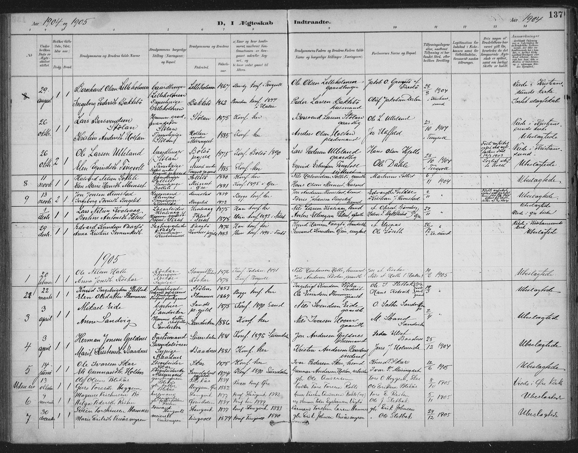 Ministerialprotokoller, klokkerbøker og fødselsregistre - Møre og Romsdal, AV/SAT-A-1454/586/L0988: Parish register (official) no. 586A14, 1893-1905, p. 137