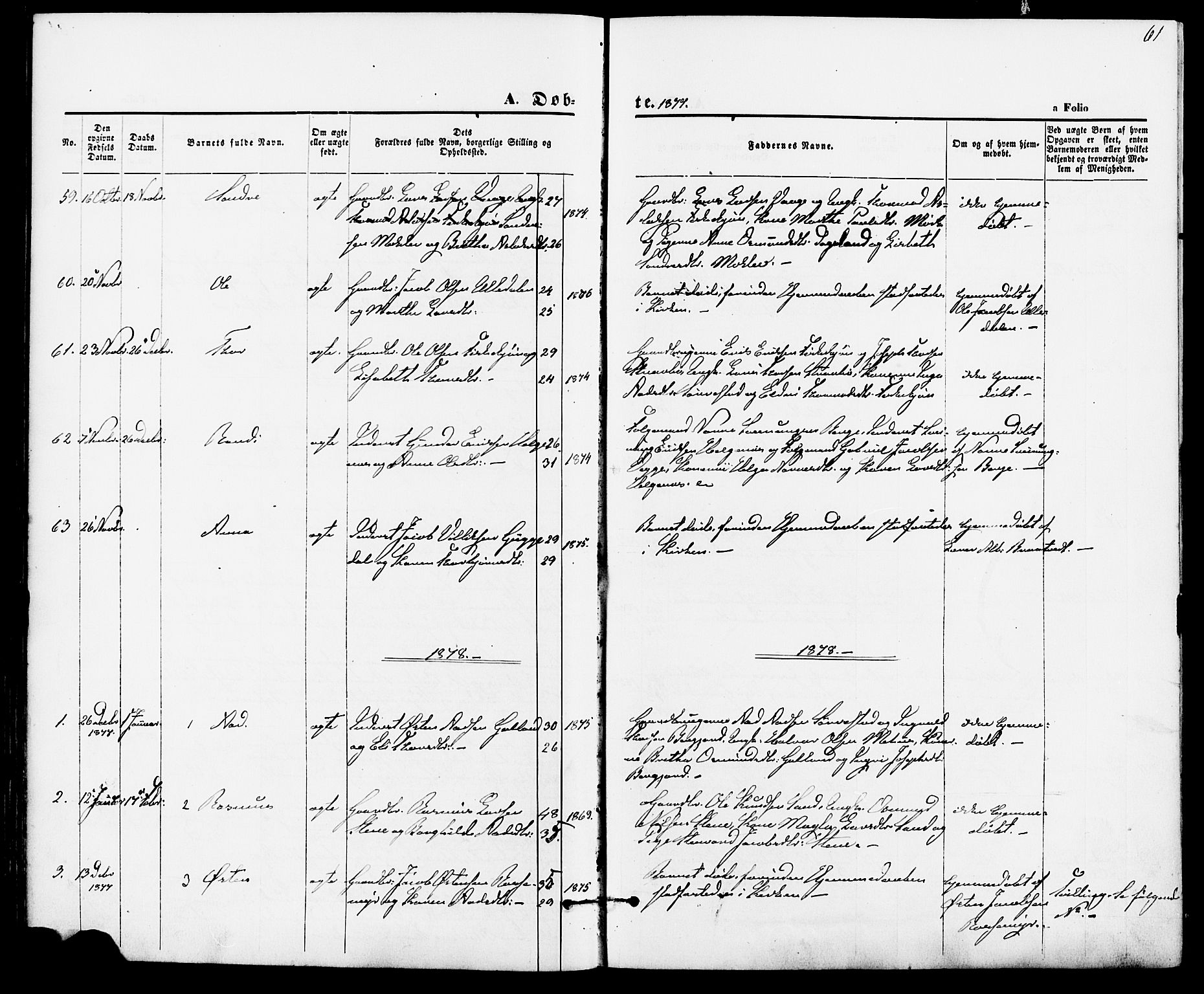 Suldal sokneprestkontor, SAST/A-101845/01/IV/L0010: Parish register (official) no. A 10, 1869-1878, p. 61