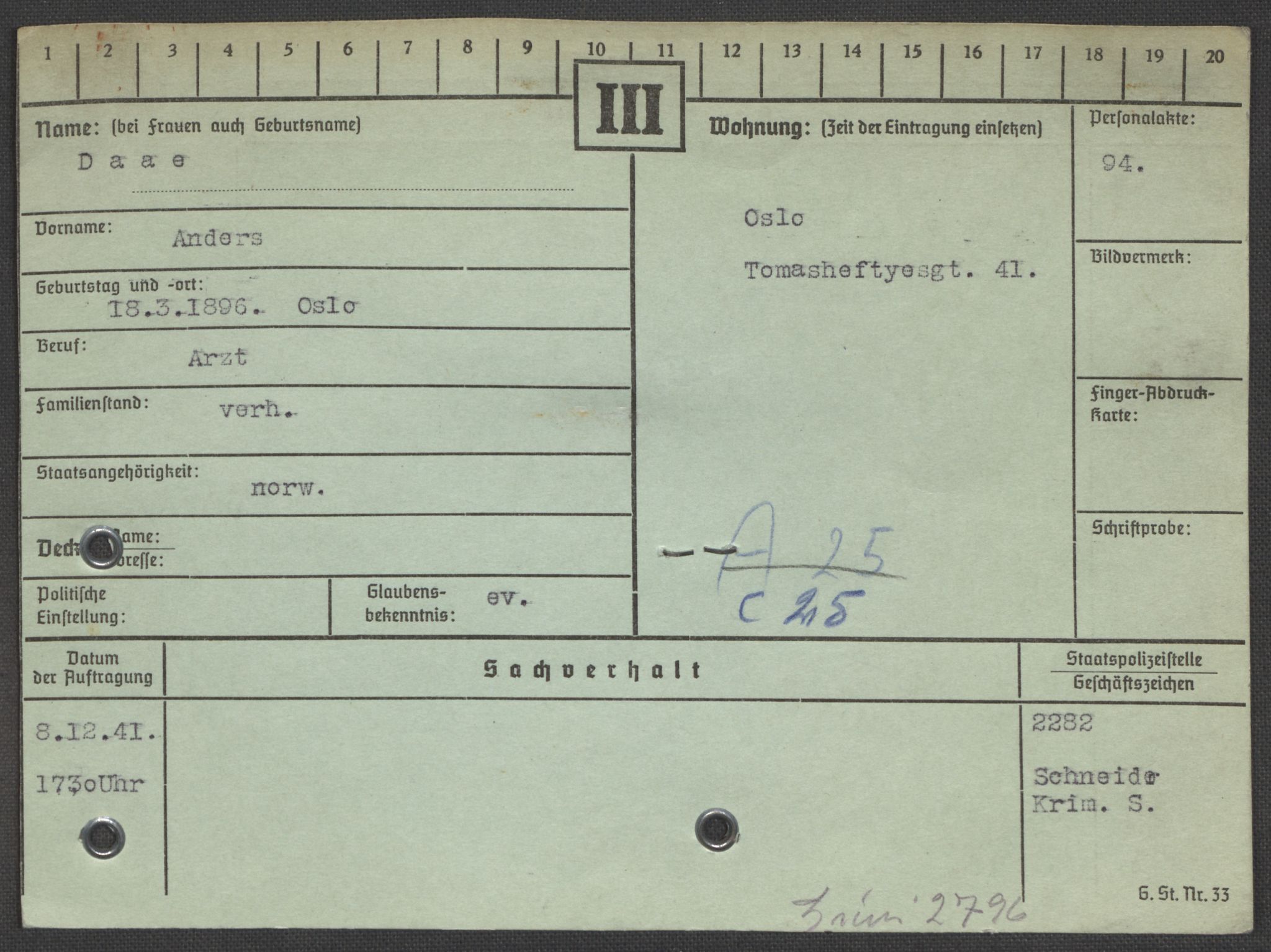 Befehlshaber der Sicherheitspolizei und des SD, RA/RAFA-5969/E/Ea/Eaa/L0002: Register over norske fanger i Møllergata 19: Bj-Eng, 1940-1945, p. 1143