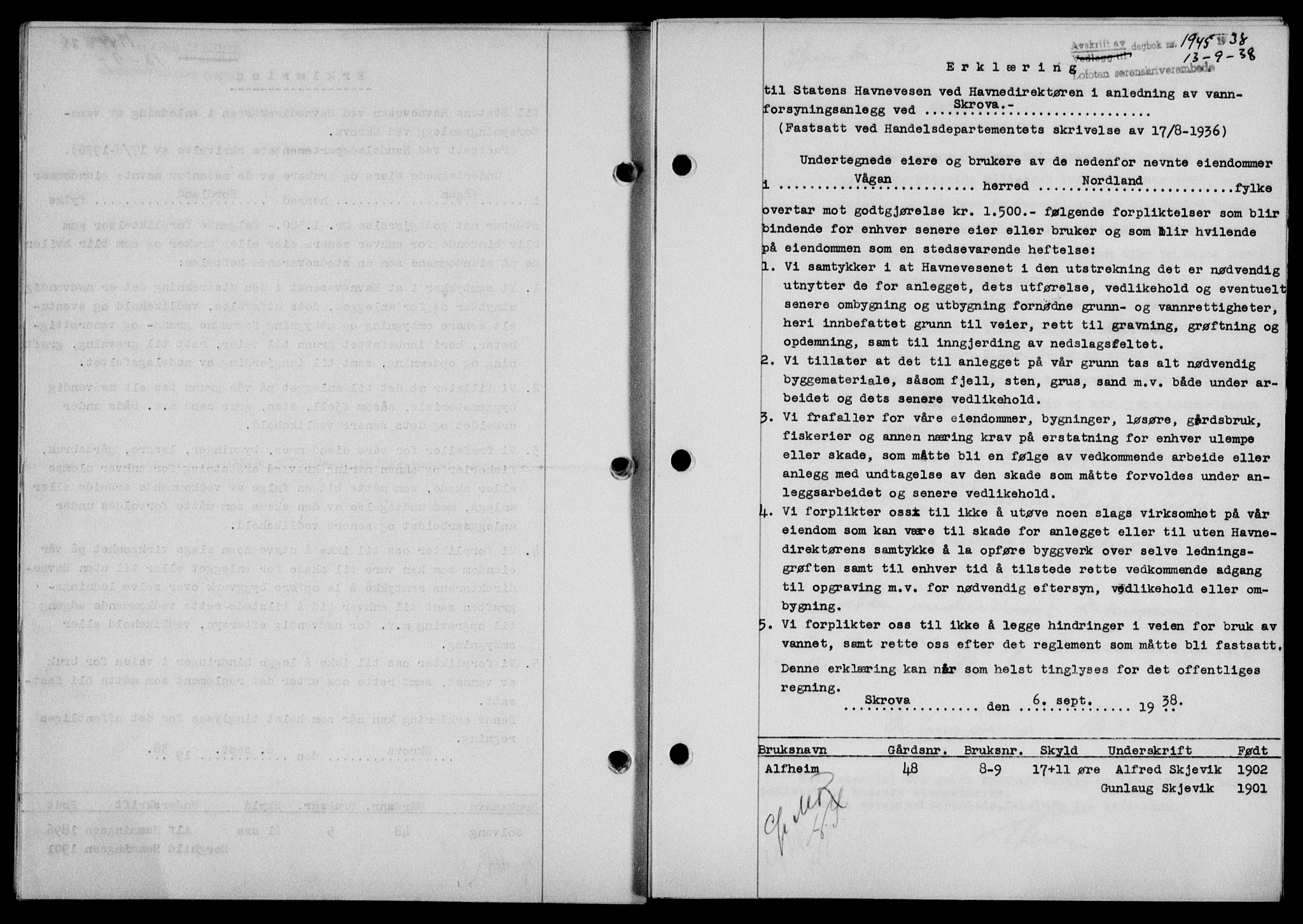 Lofoten sorenskriveri, SAT/A-0017/1/2/2C/L0004a: Mortgage book no. 4a, 1938-1938, Diary no: : 1945/1938
