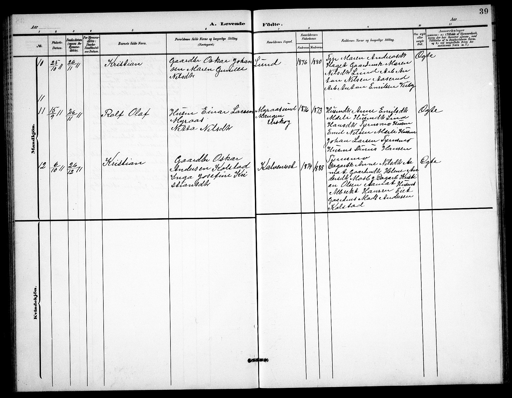 Høland prestekontor Kirkebøker, AV/SAO-A-10346a/G/Gc/L0001: Parish register (copy) no. III 1, 1902-1911, p. 39