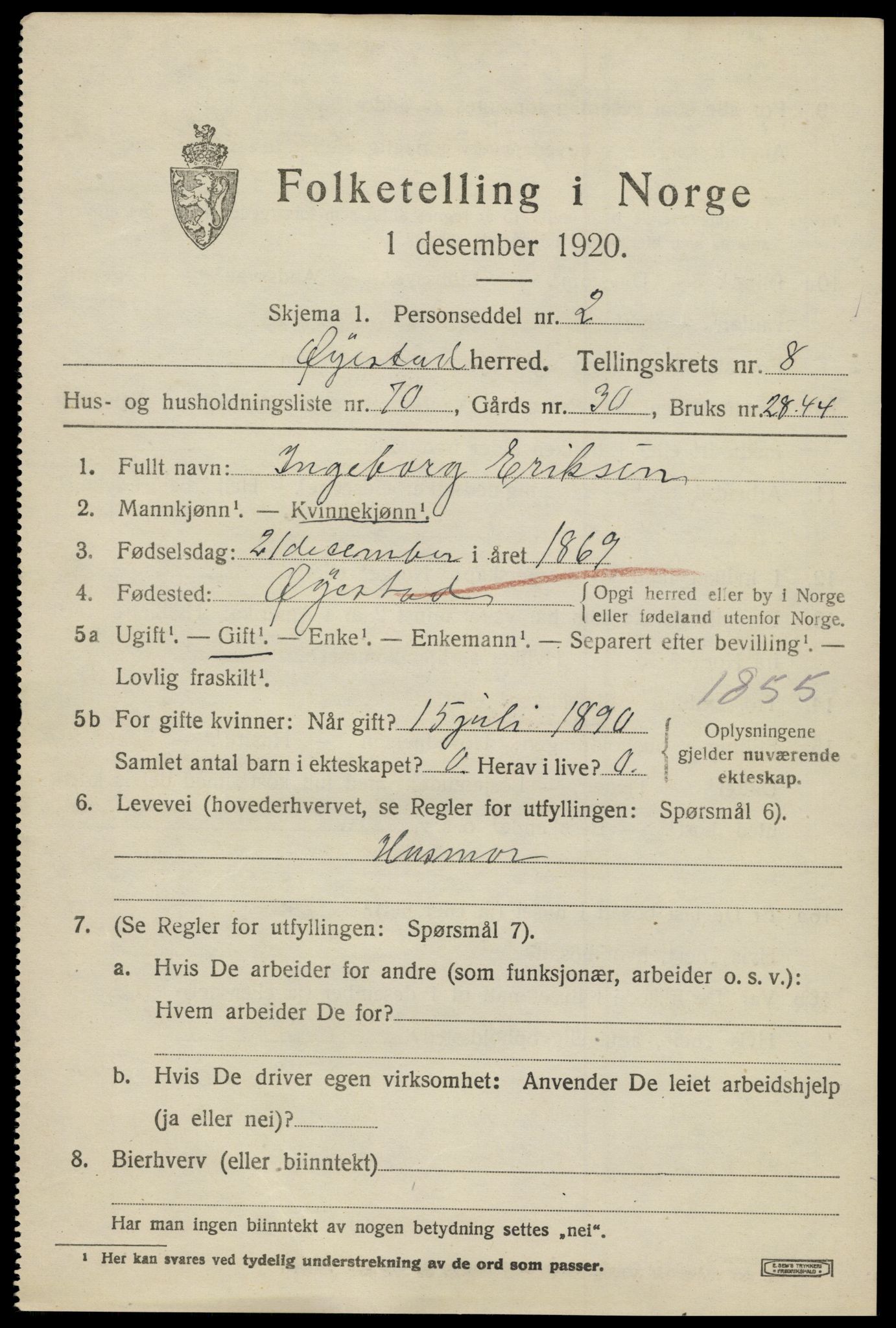 SAK, 1920 census for Øyestad, 1920, p. 5910