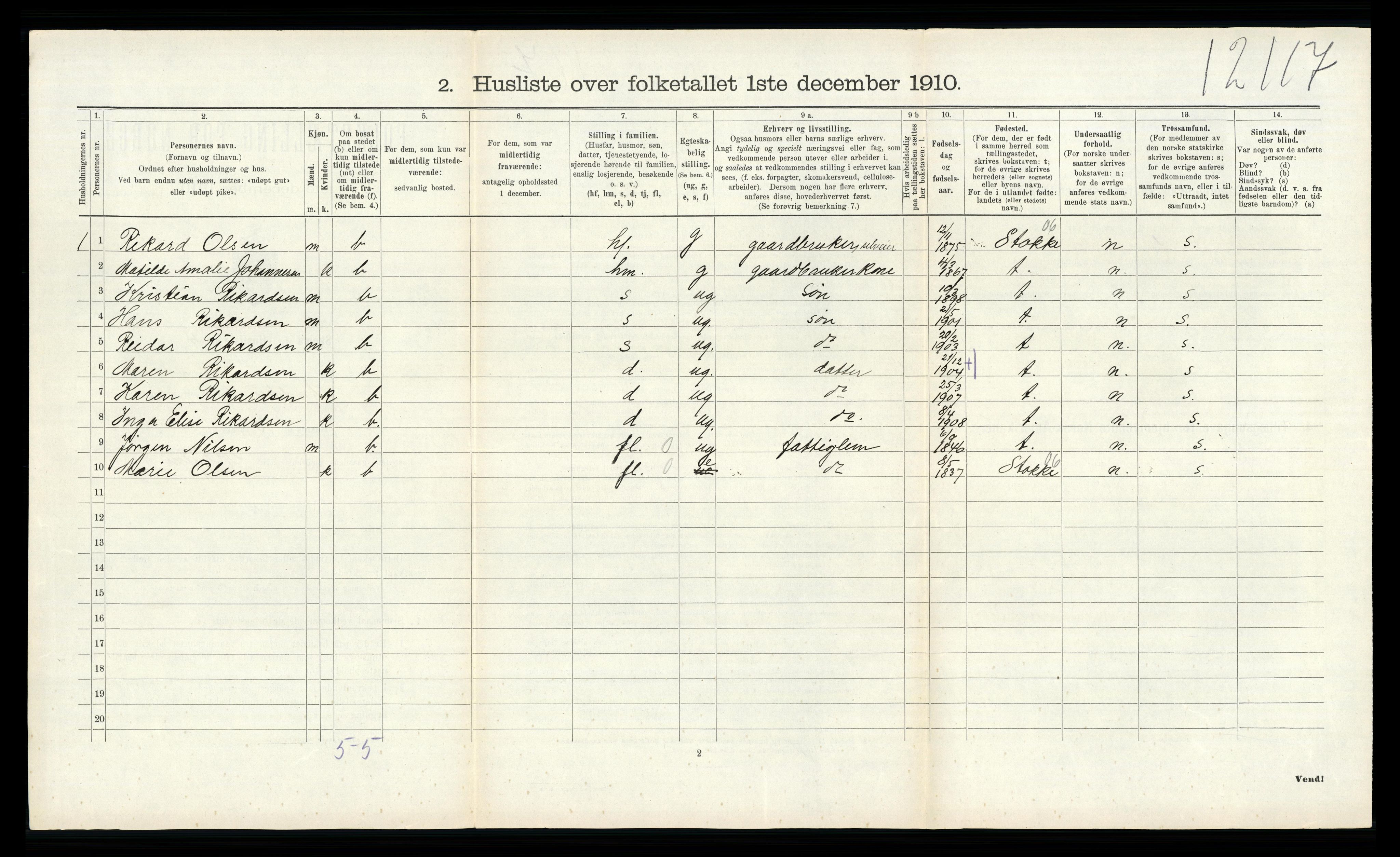 RA, 1910 census for Andebu, 1910, p. 188