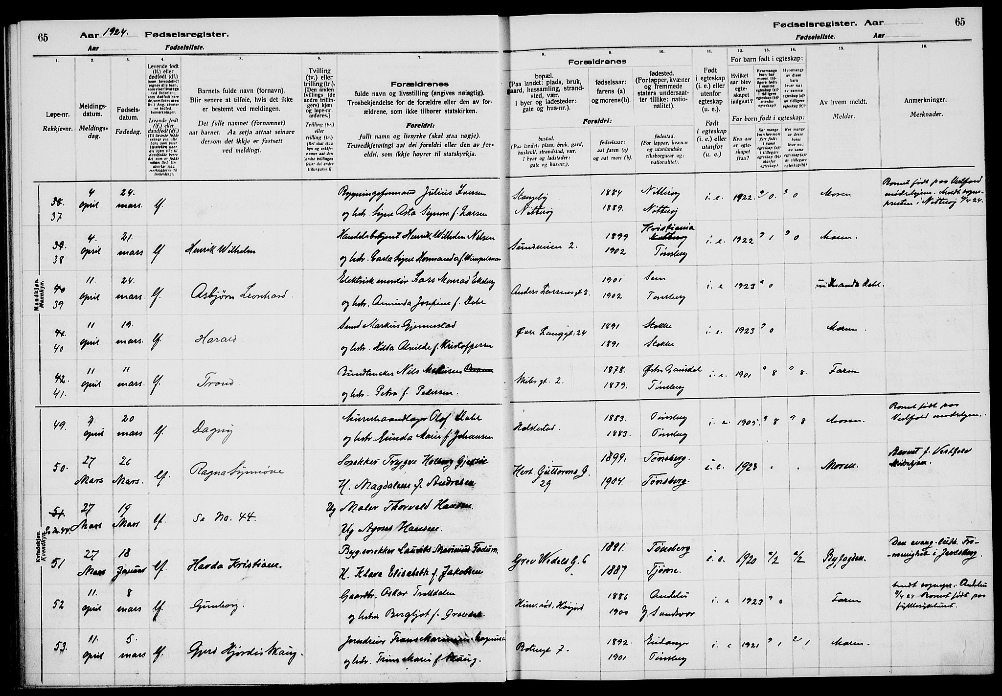 Tønsberg kirkebøker, AV/SAKO-A-330/J/Ja/L0002: Birth register no. 2, 1922-1928, p. 65