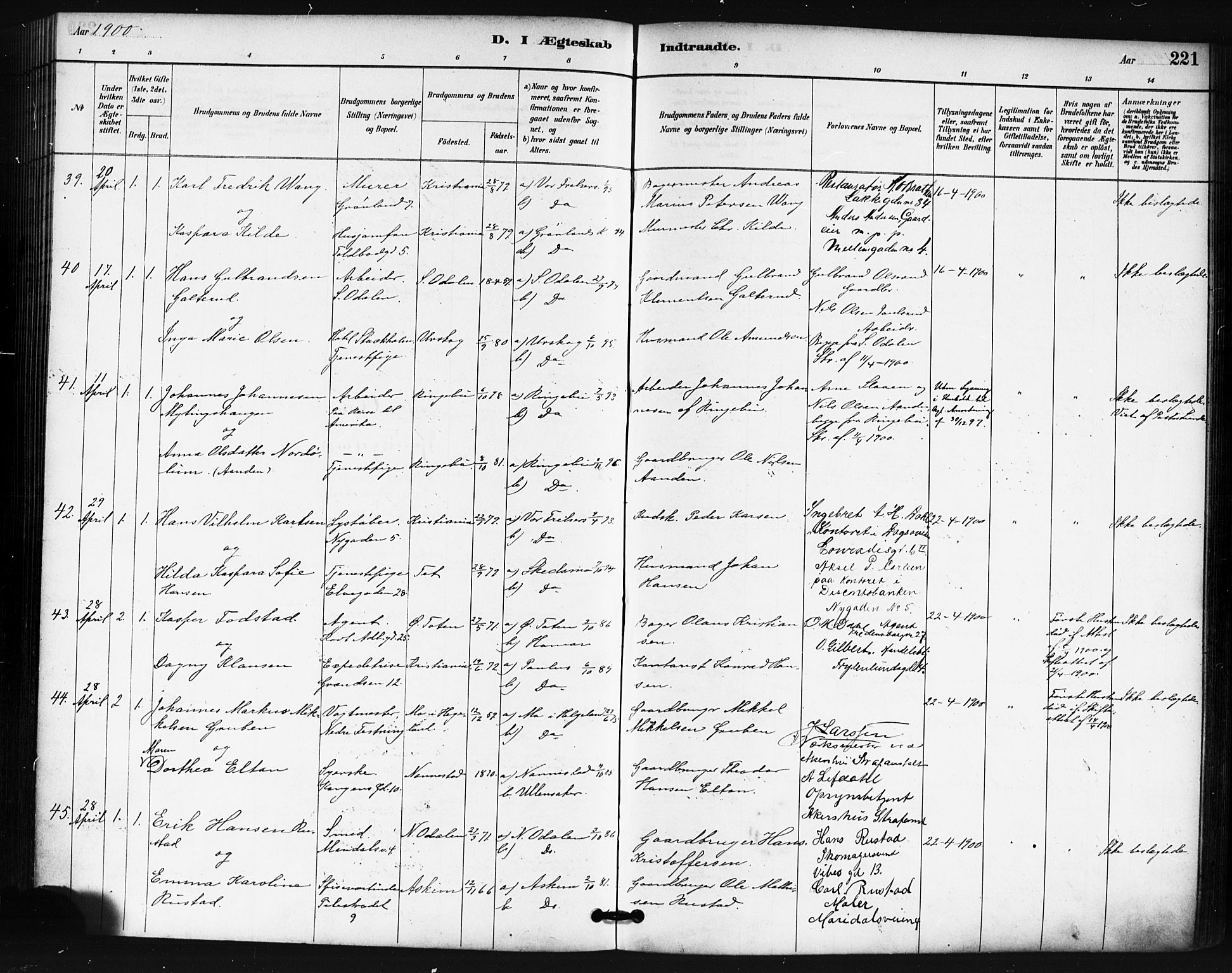 Oslo domkirke Kirkebøker, AV/SAO-A-10752/F/Fa/L0032: Parish register (official) no. 32, 1885-1902, p. 221