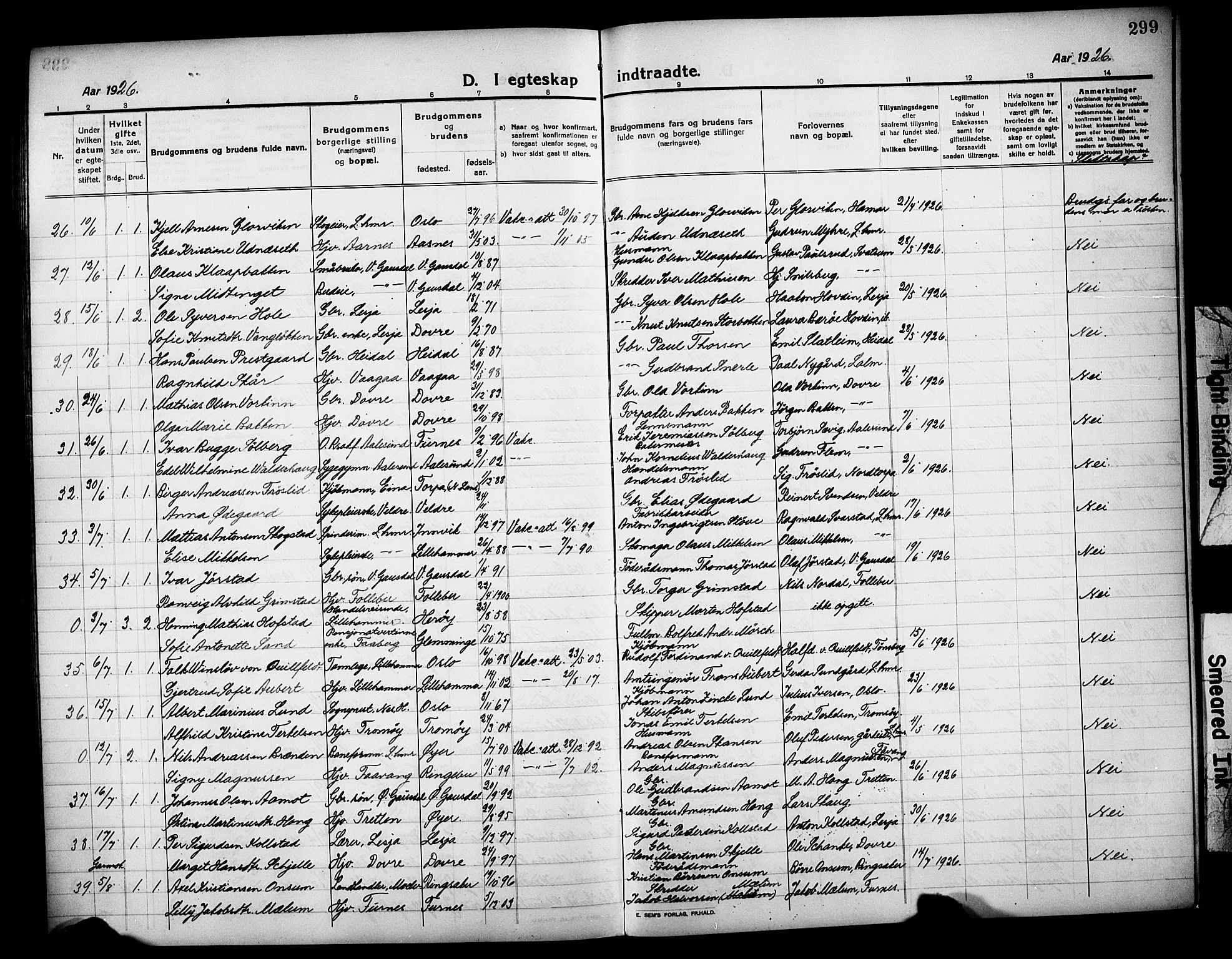 Lillehammer prestekontor, AV/SAH-PREST-088/H/Ha/Hab/L0002: Parish register (copy) no. 2, 1913-1929, p. 299