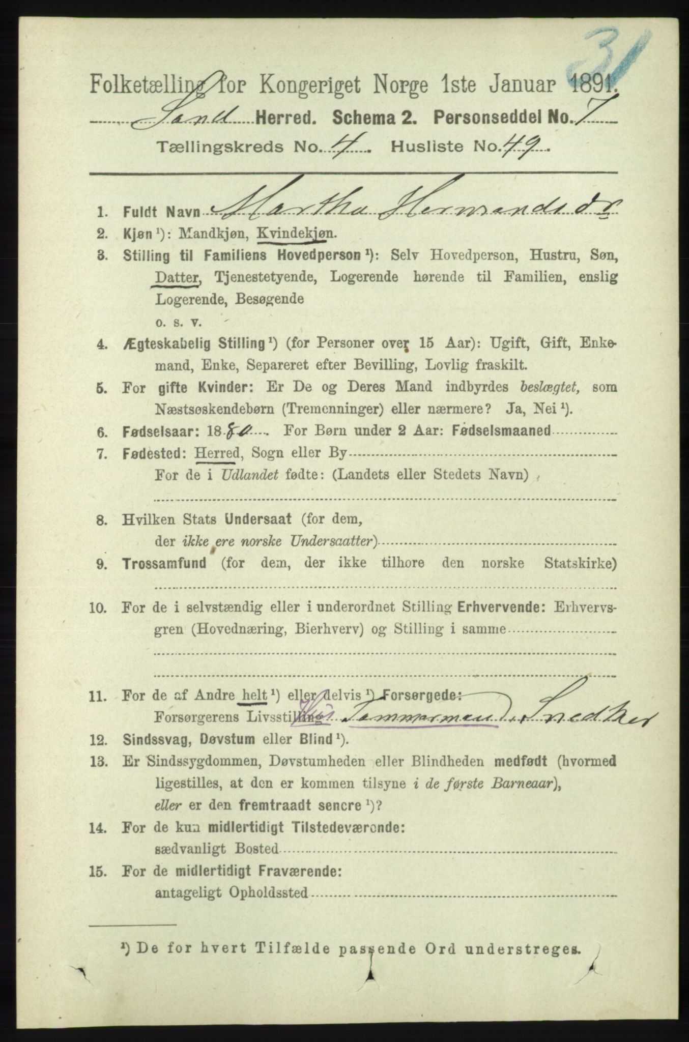 RA, 1891 census for 1136 Sand, 1891, p. 1478