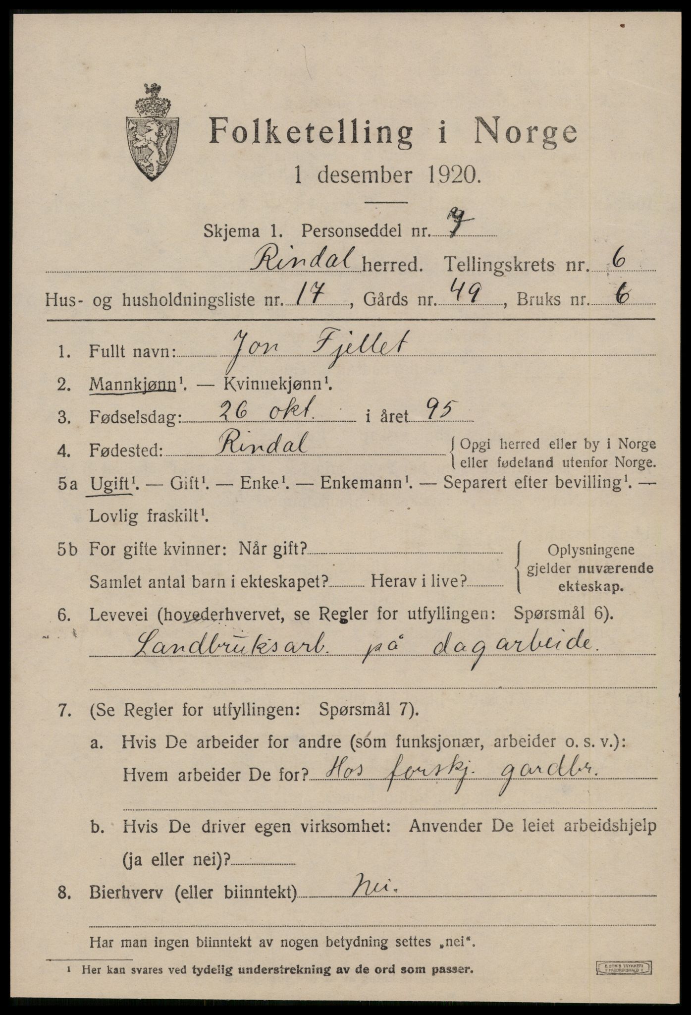 SAT, 1920 census for Rindal, 1920, p. 3534