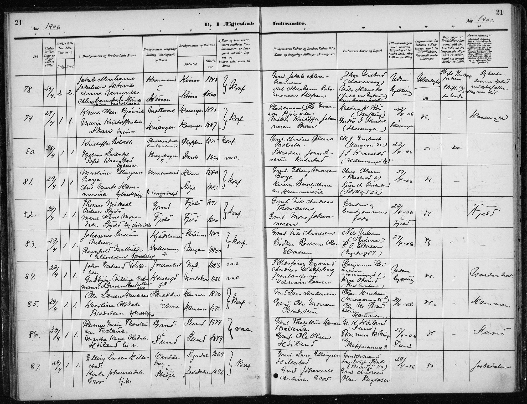 Nykirken Sokneprestembete, AV/SAB-A-77101/H/Haa/L0035: Parish register (official) no. D 5, 1905-1913, p. 21