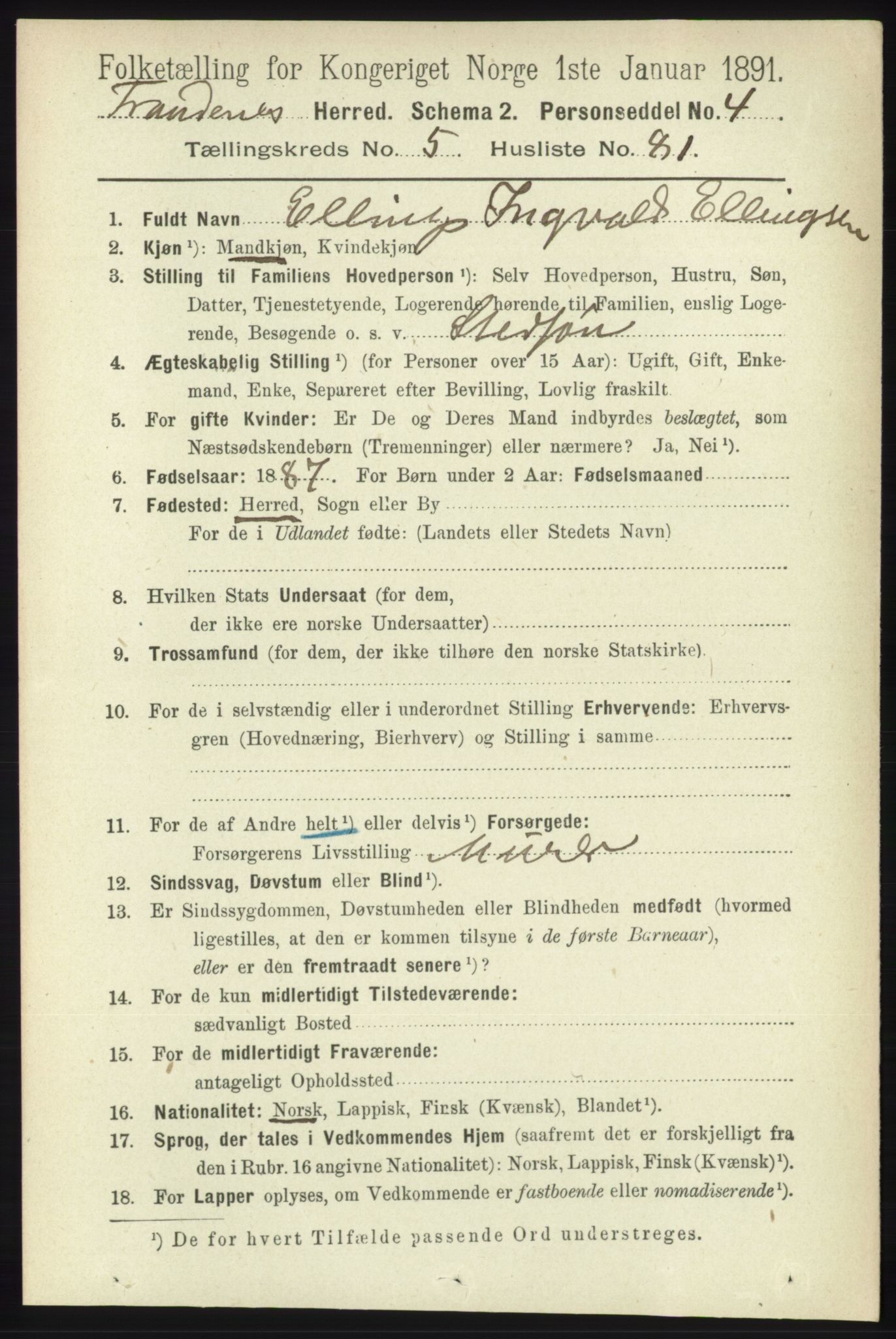 RA, 1891 census for 1914 Trondenes, 1891, p. 3430