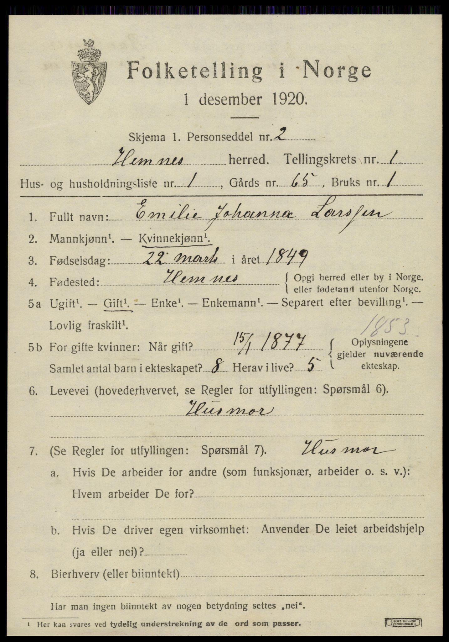 SAT, 1920 census for Hemnes, 1920, p. 1370