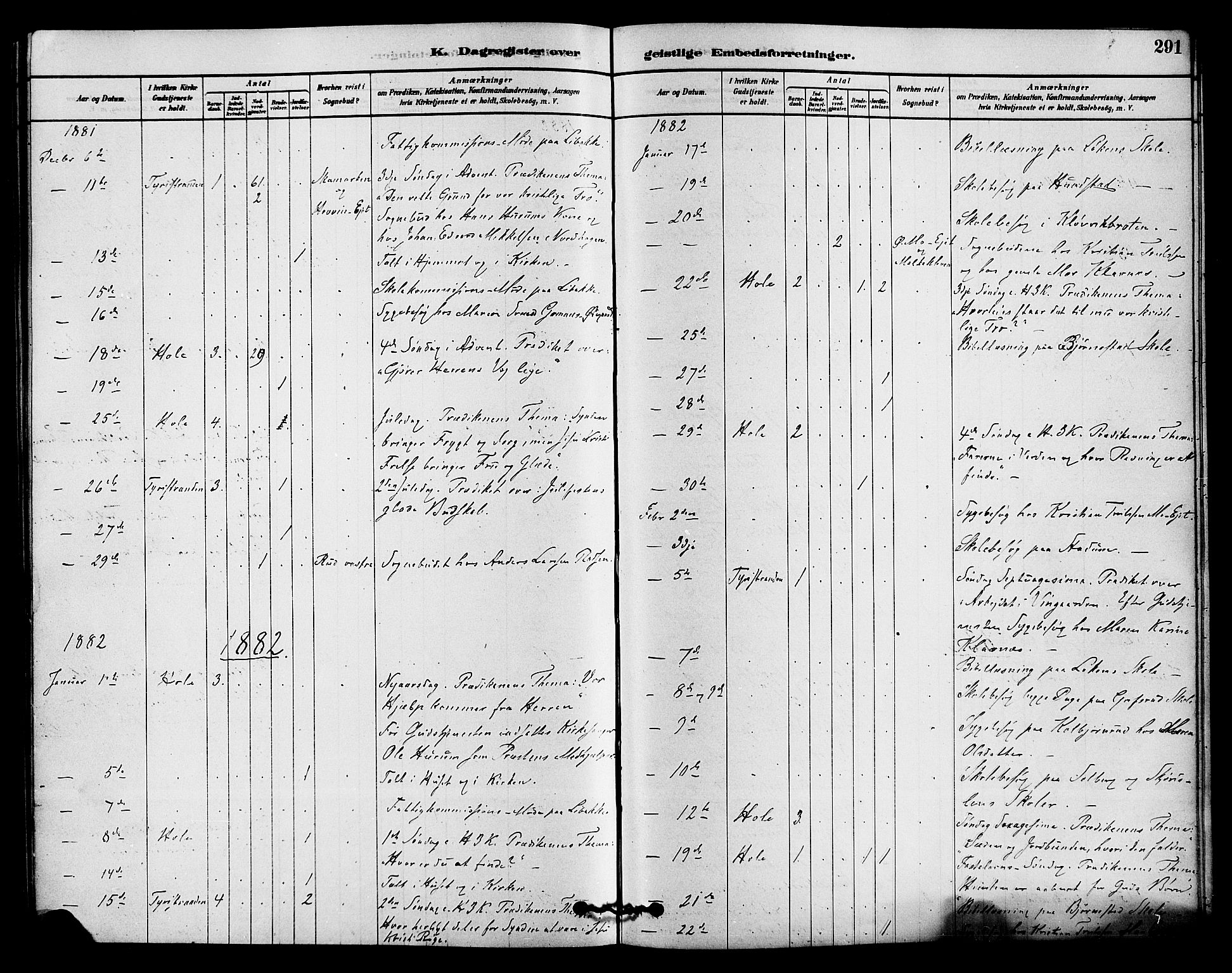 Hole kirkebøker, SAKO/A-228/F/Fa/L0008: Parish register (official) no. I 8, 1878-1891, p. 291