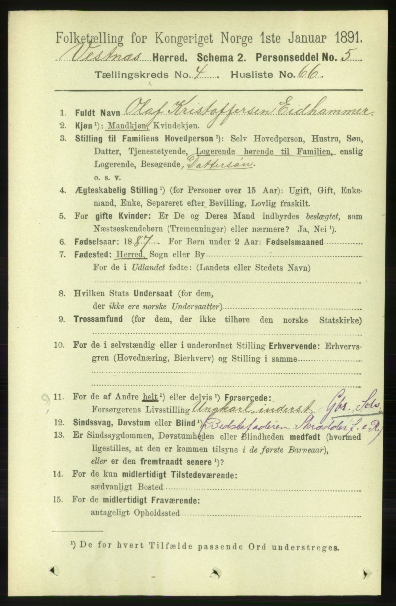 RA, 1891 census for 1535 Vestnes, 1891, p. 1665