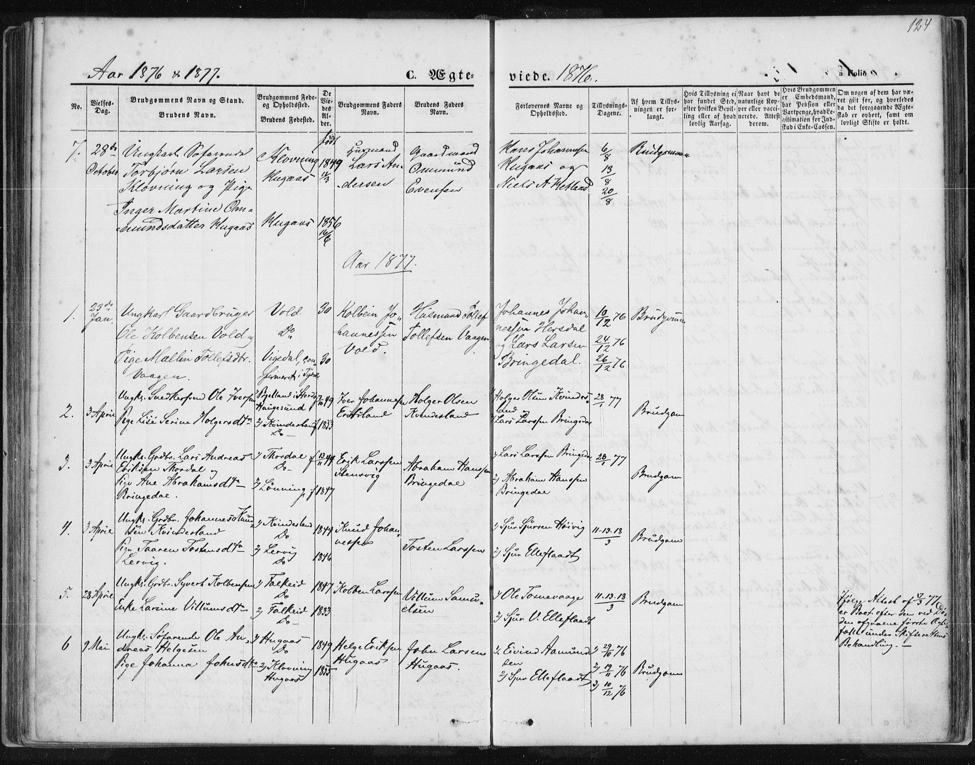 Tysvær sokneprestkontor, AV/SAST-A -101864/H/Ha/Haa/L0005: Parish register (official) no. A 5, 1865-1878, p. 124