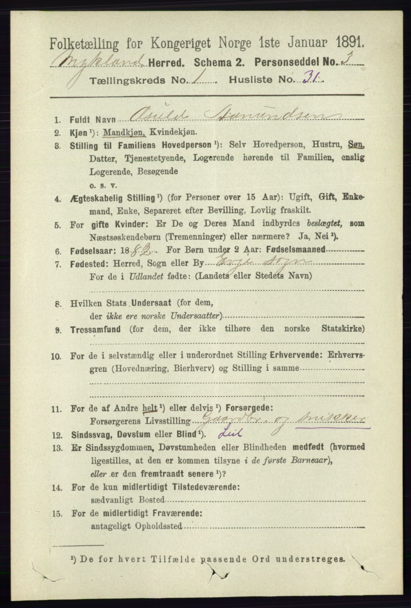 RA, 1891 census for 0932 Mykland, 1891, p. 270