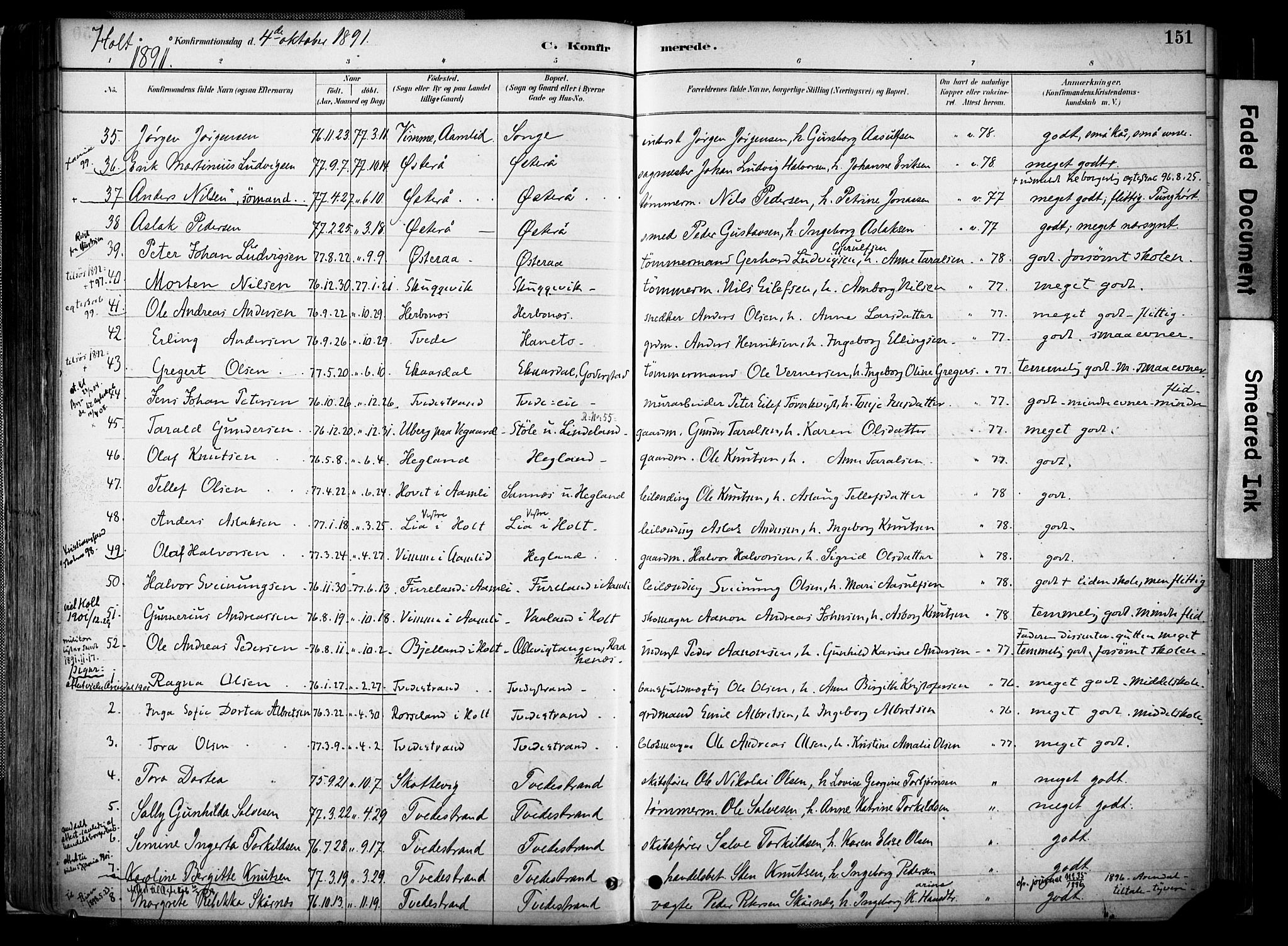 Holt sokneprestkontor, AV/SAK-1111-0021/F/Fa/L0012: Parish register (official) no. A 12, 1885-1907, p. 151