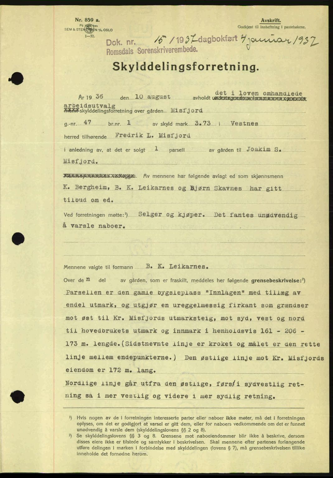 Romsdal sorenskriveri, SAT/A-4149/1/2/2C: Mortgage book no. A2, 1936-1937, Diary no: : 15/1937