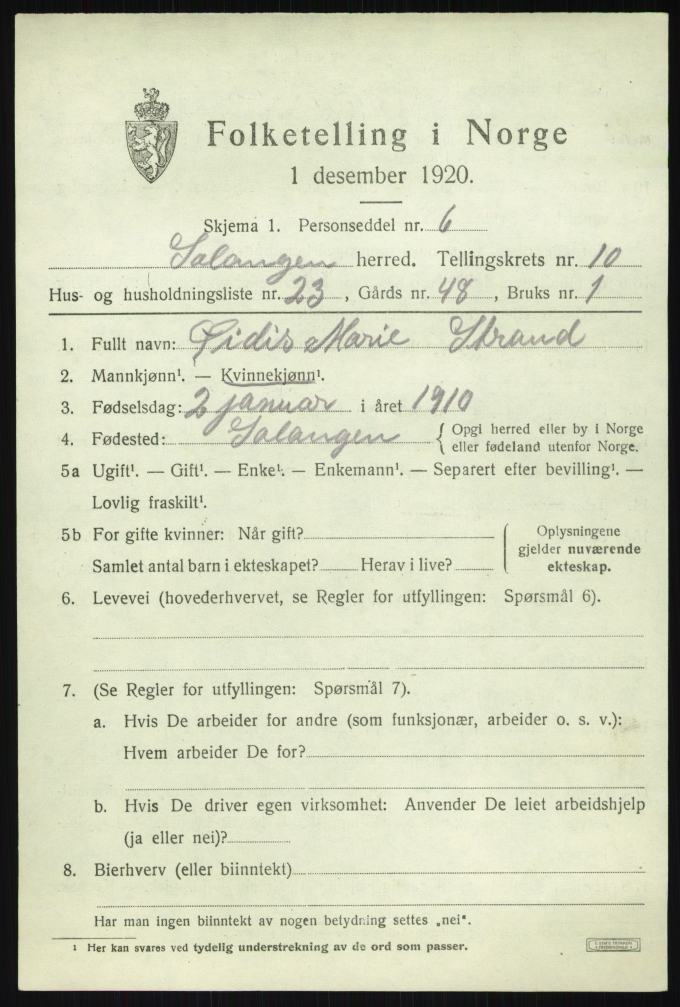 SATØ, 1920 census for Salangen, 1920, p. 6532