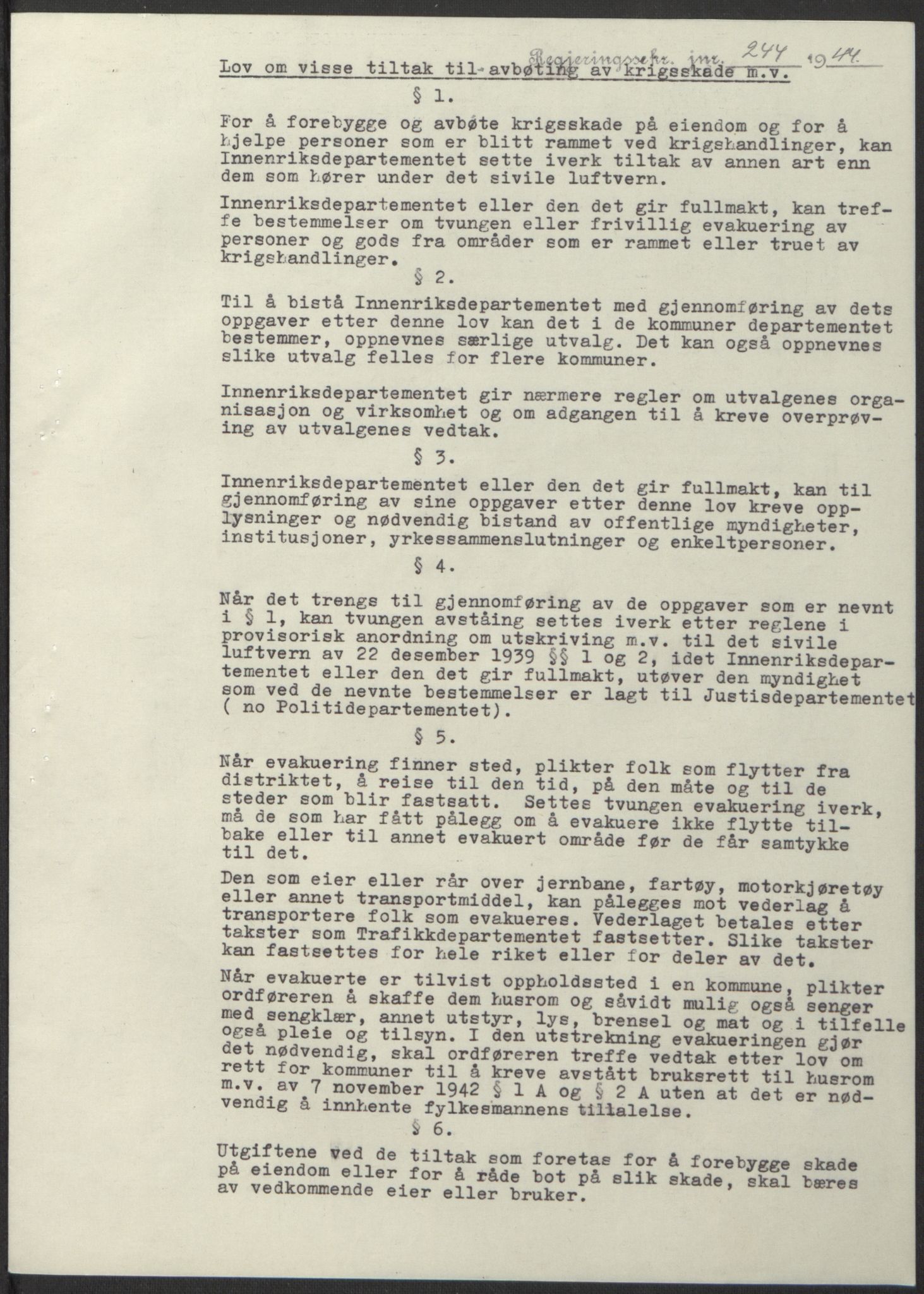 NS-administrasjonen 1940-1945 (Statsrådsekretariatet, de kommisariske statsråder mm), RA/S-4279/D/Db/L0100: Lover, 1944, p. 447