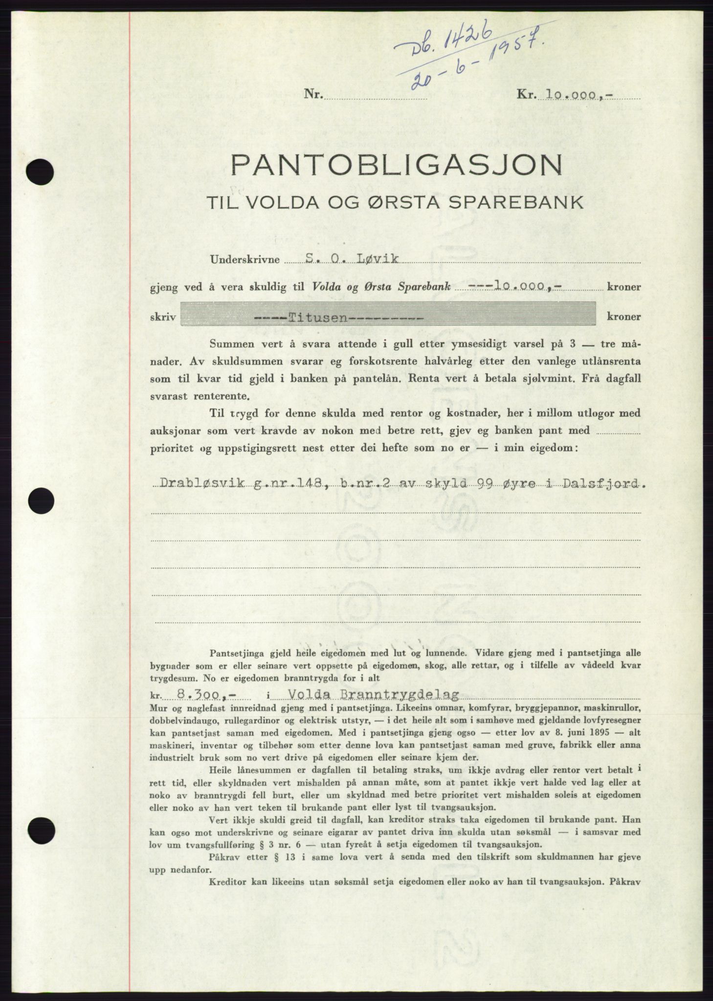 Søre Sunnmøre sorenskriveri, AV/SAT-A-4122/1/2/2C/L0130: Mortgage book no. 18B, 1957-1958, Diary no: : 1426/1957