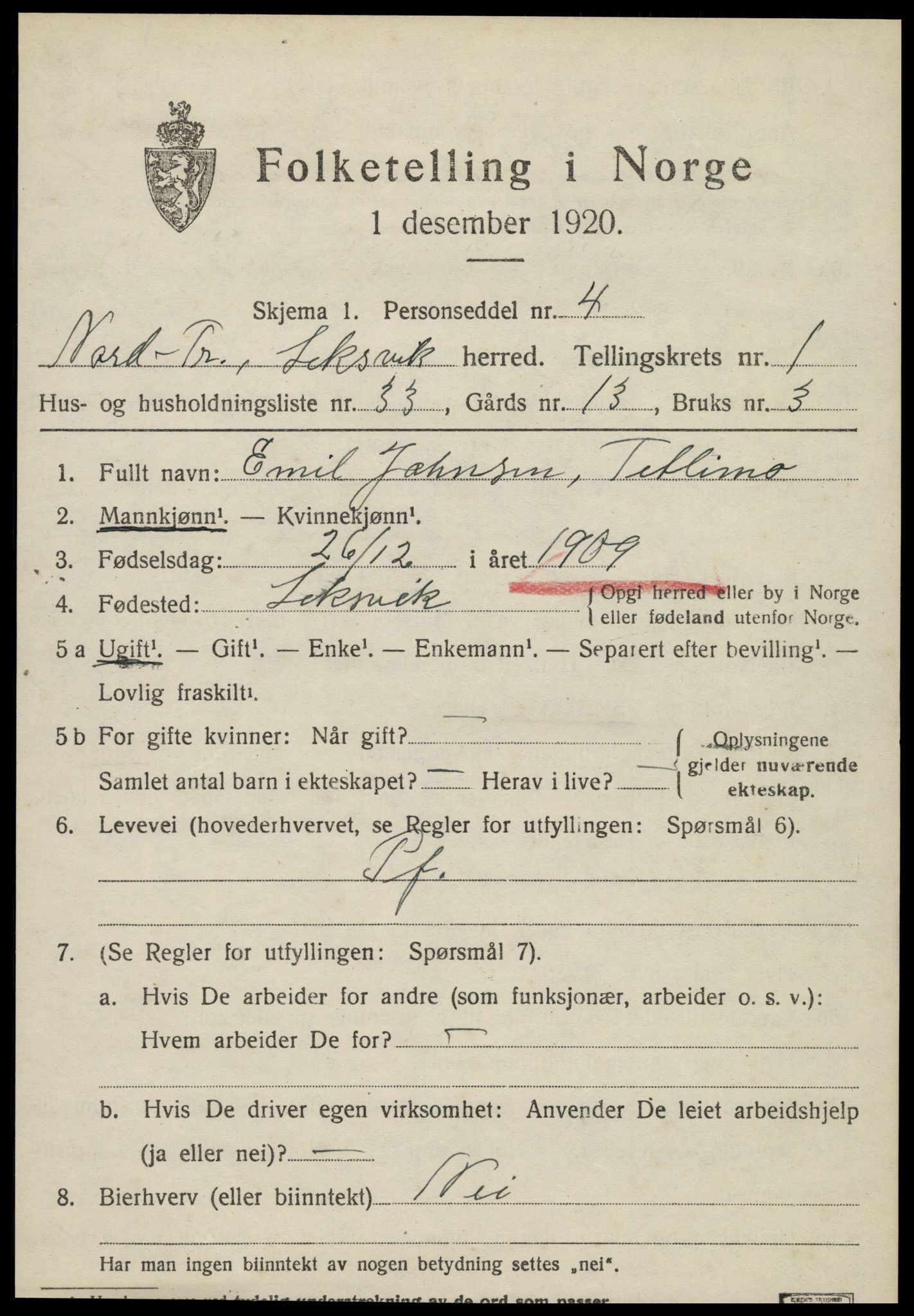 SAT, 1920 census for Leksvik, 1920, p. 1560