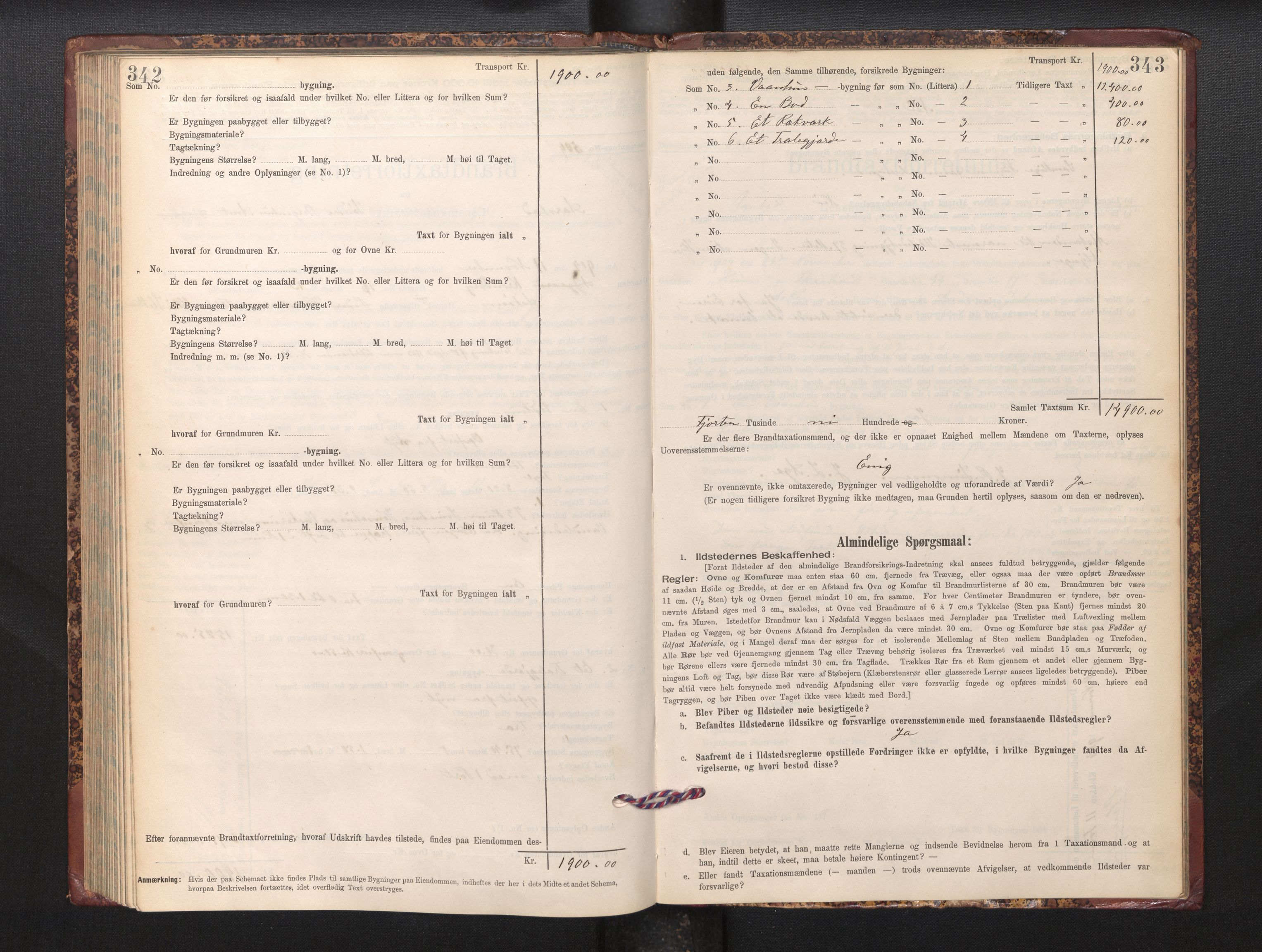 Lensmannen i Årstad, AV/SAB-A-36201/0012/L0012: Branntakstprotokoll,skjematakst, 1898-1906, p. 342-343