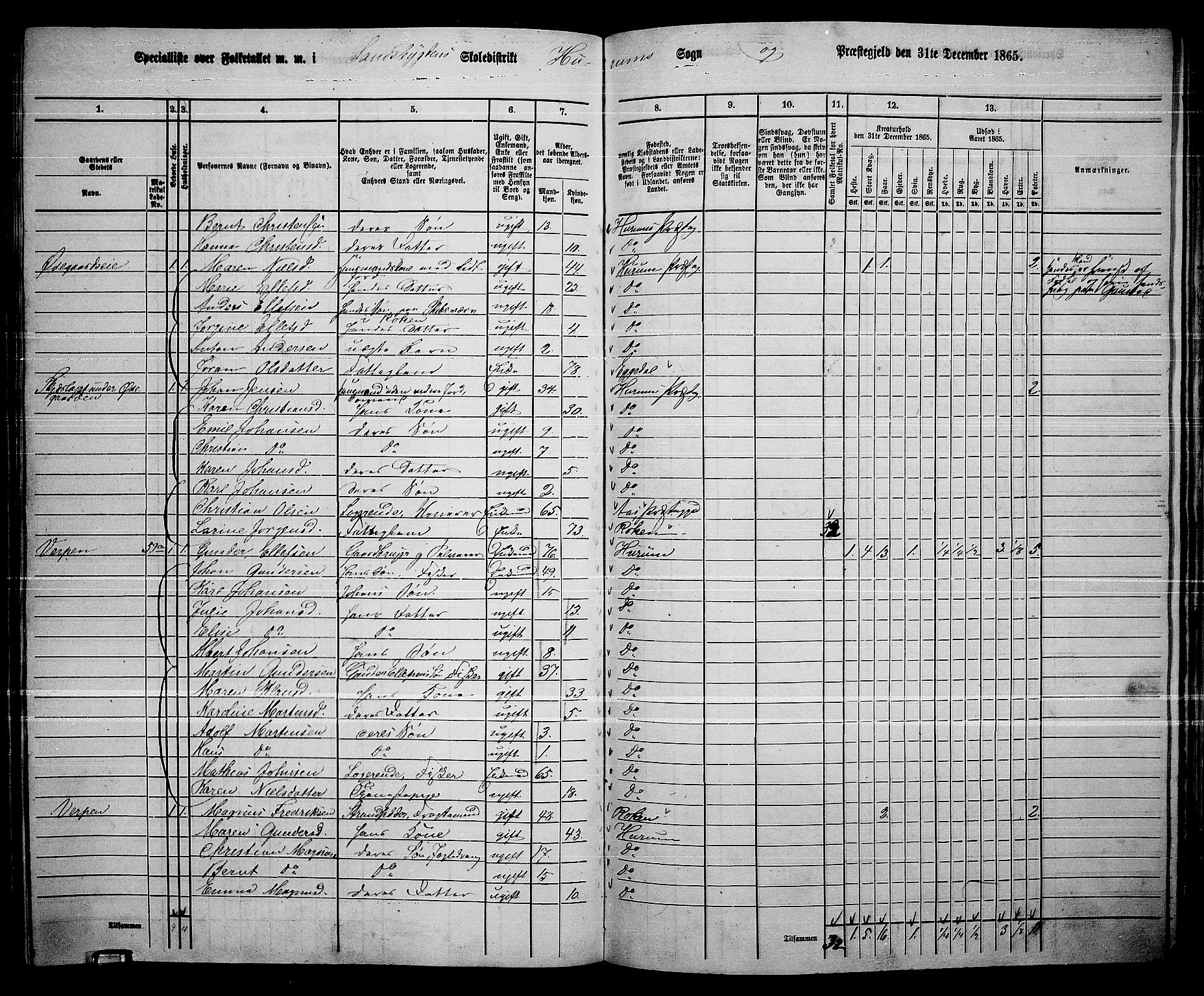 RA, 1865 census for Hurum, 1865, p. 85