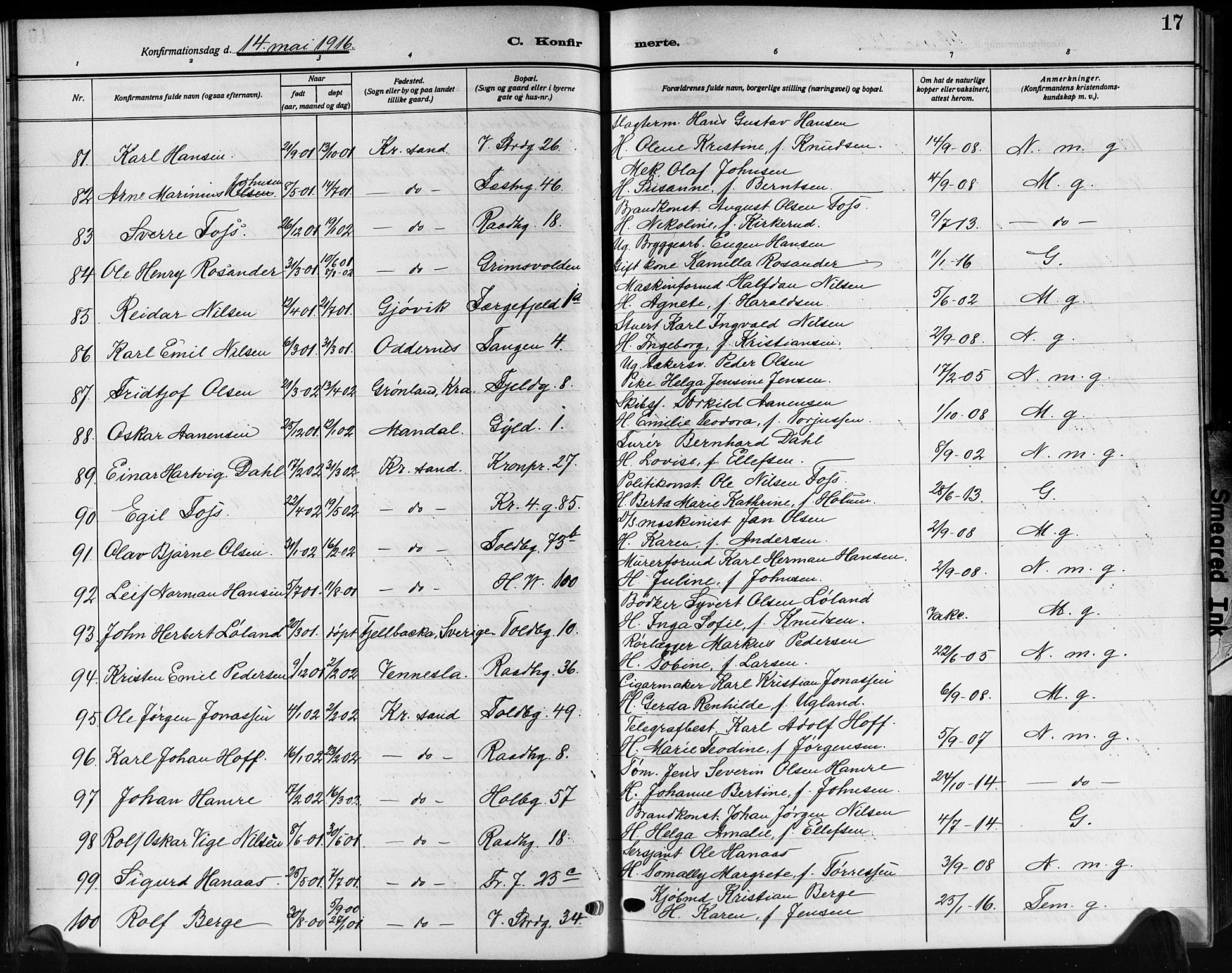 Kristiansand domprosti, AV/SAK-1112-0006/F/Fb/L0022: Parish register (copy) no. B 22, 1915-1925, p. 17